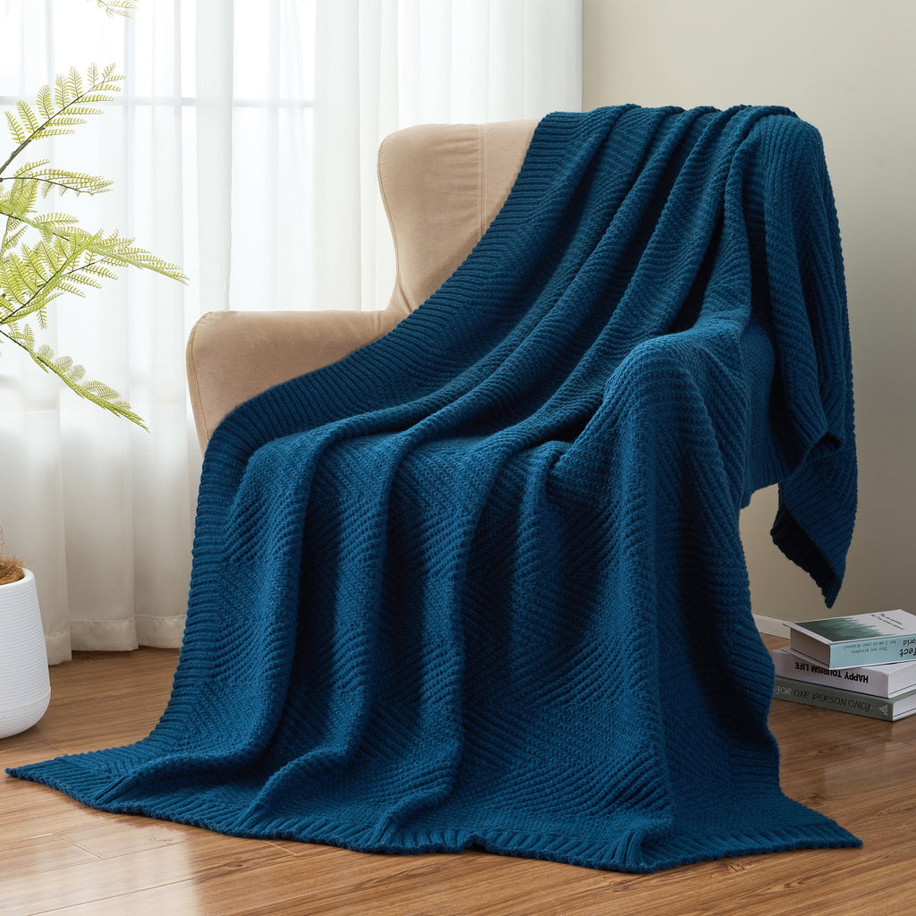 Cozy Fleece Soft Knitted Throw Blanket 50" x 60" Navy Blue, Boho Chevron Farmhouse Throw for Bed Couch - Luxury Knitted Decorative Throw Blanket with Fringes Detail