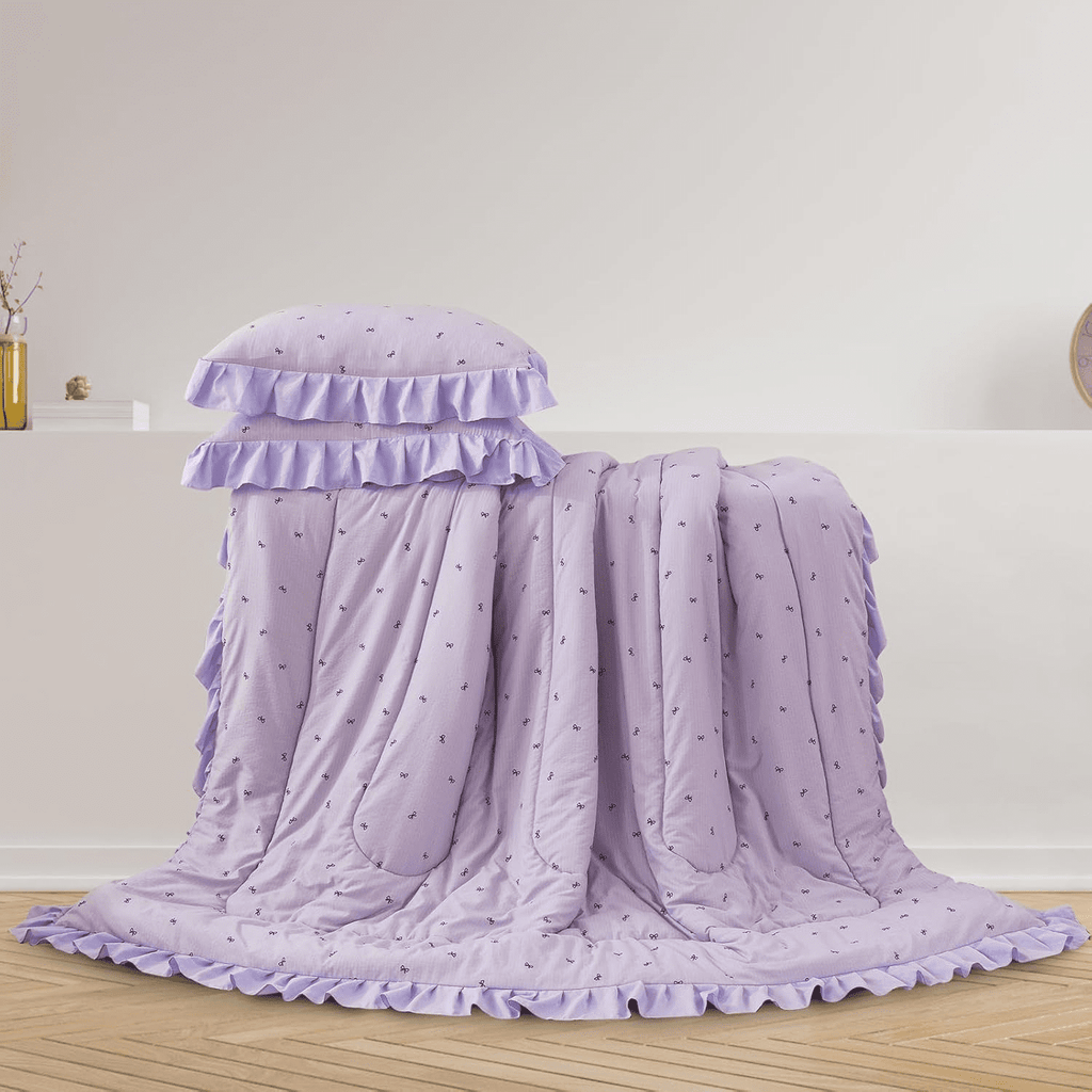 Heavyweight Warmth 6 Piece Delicate Bows Purple Bedding Set Ruffle Princess Style Comforter Set Bed in a Bag - All-Season Down Alternative Comforter Insert Detail