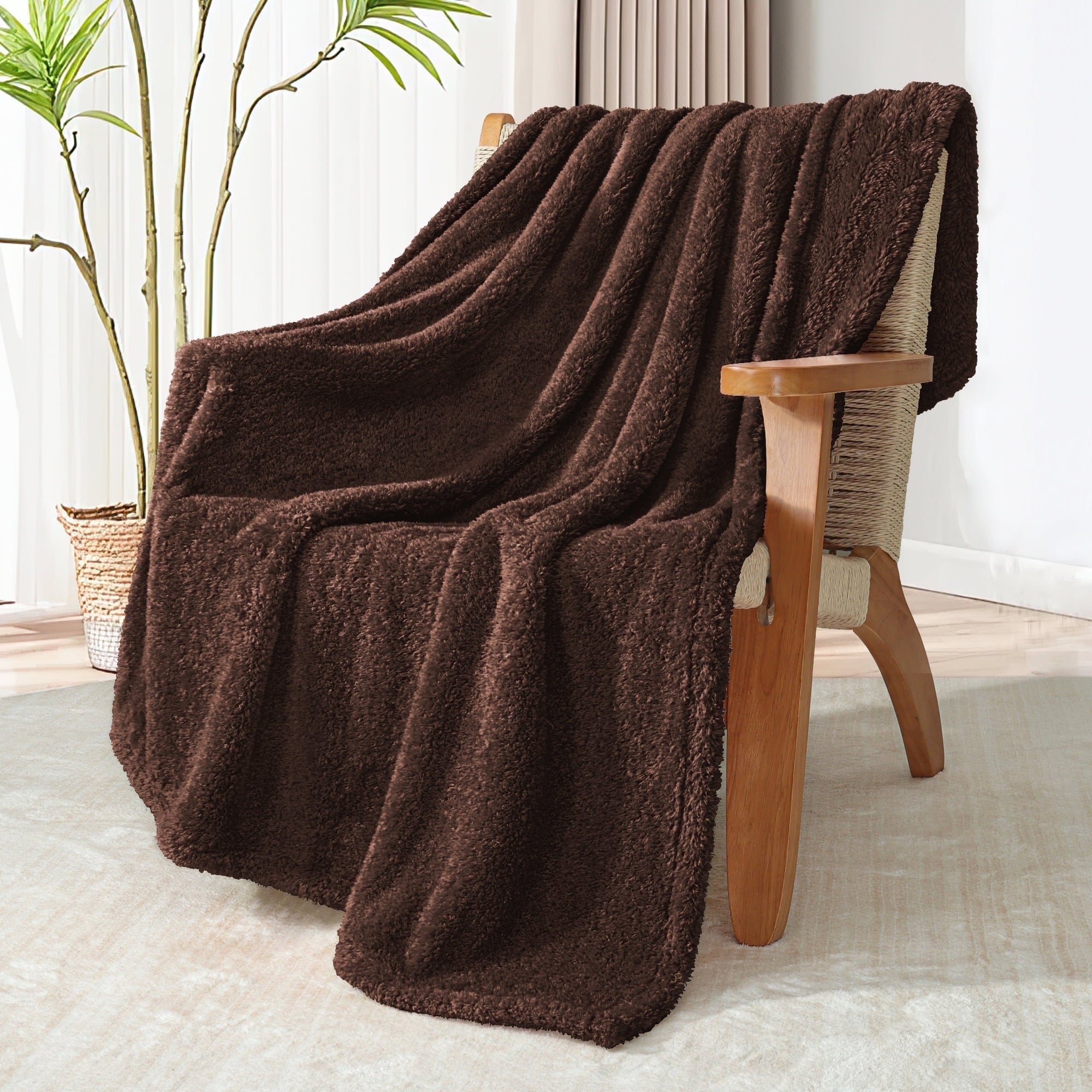 Decorative Knitted Fuzzy Fleece Throw Blanket for Couch Sofa, Lightweight Fluffy Solid Velvet Blanket, 50x60 Inches, Coffee - Super Soft Reversible Sherpa Flannel Blanket Detail