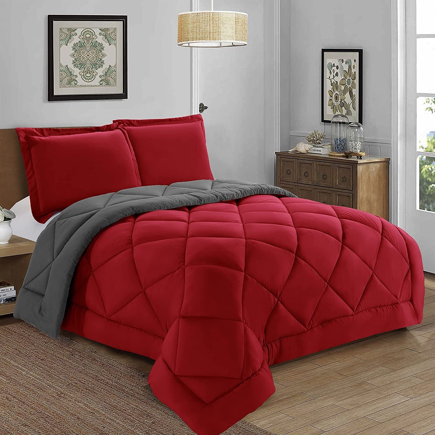 Fluffy Down Alternative Reversible 3pc Comforter Set- Available In A Few Sizes And Colors , Full/Queen, Red/Gray - All-Season Down Alternative Comforter Insert Detail