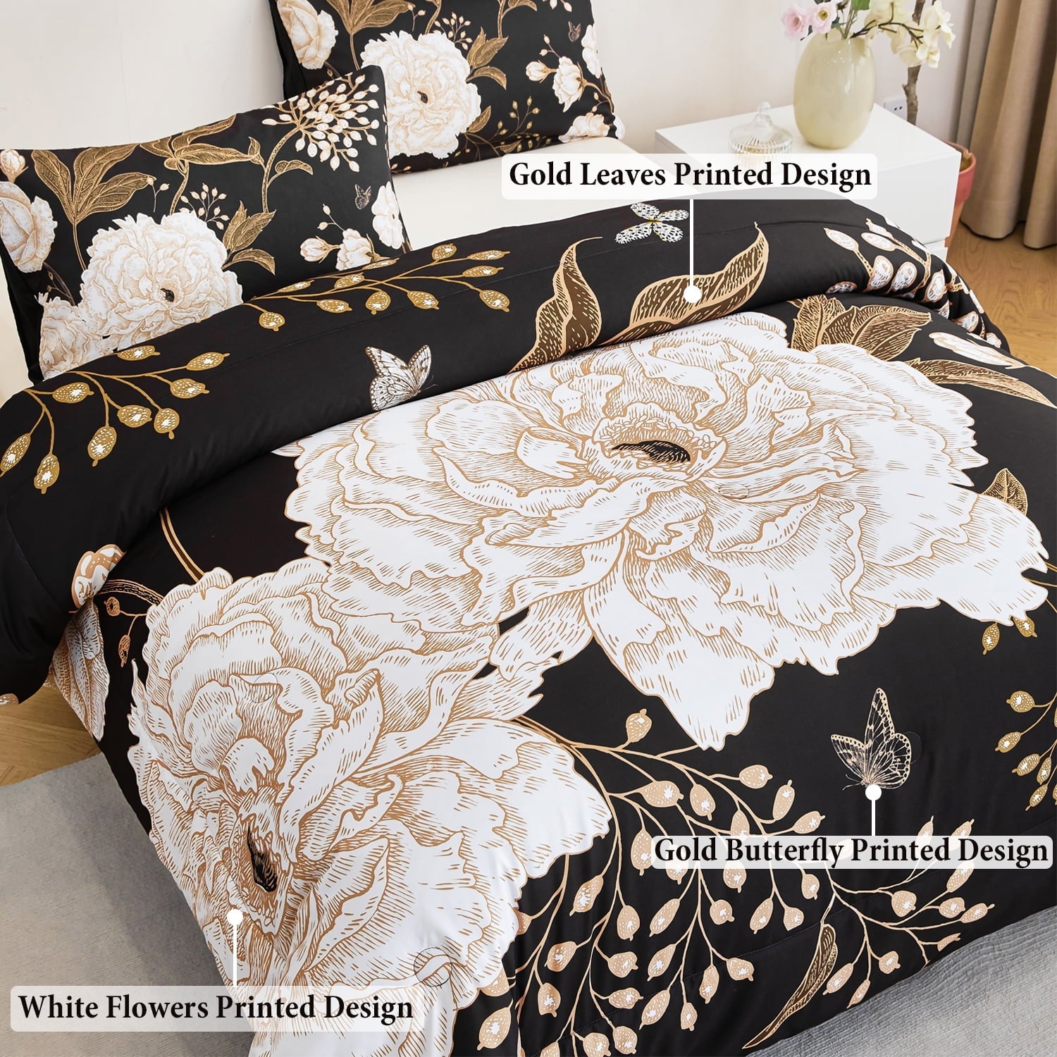 Hypoallergenic Cloud Black Floral Comforter Set Queen, Printed Comforter White Flowers Butterfly Bedding Set, 3 Pieces Botanical Reversibl... - Hypoallergenic Ultra-Fluffy Quilt for Winter Detail