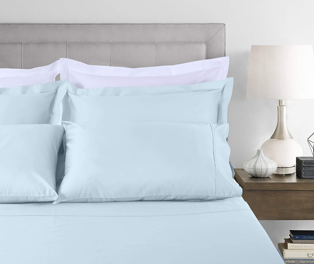 Breathable Luxury 100% Cotton King Bed Sheets Set - 4-Piece, 300 Thread Count, Lightweight Sateen, Light Blue - Breathable Egyptian Cotton Flat & Fitted Sheets Detail