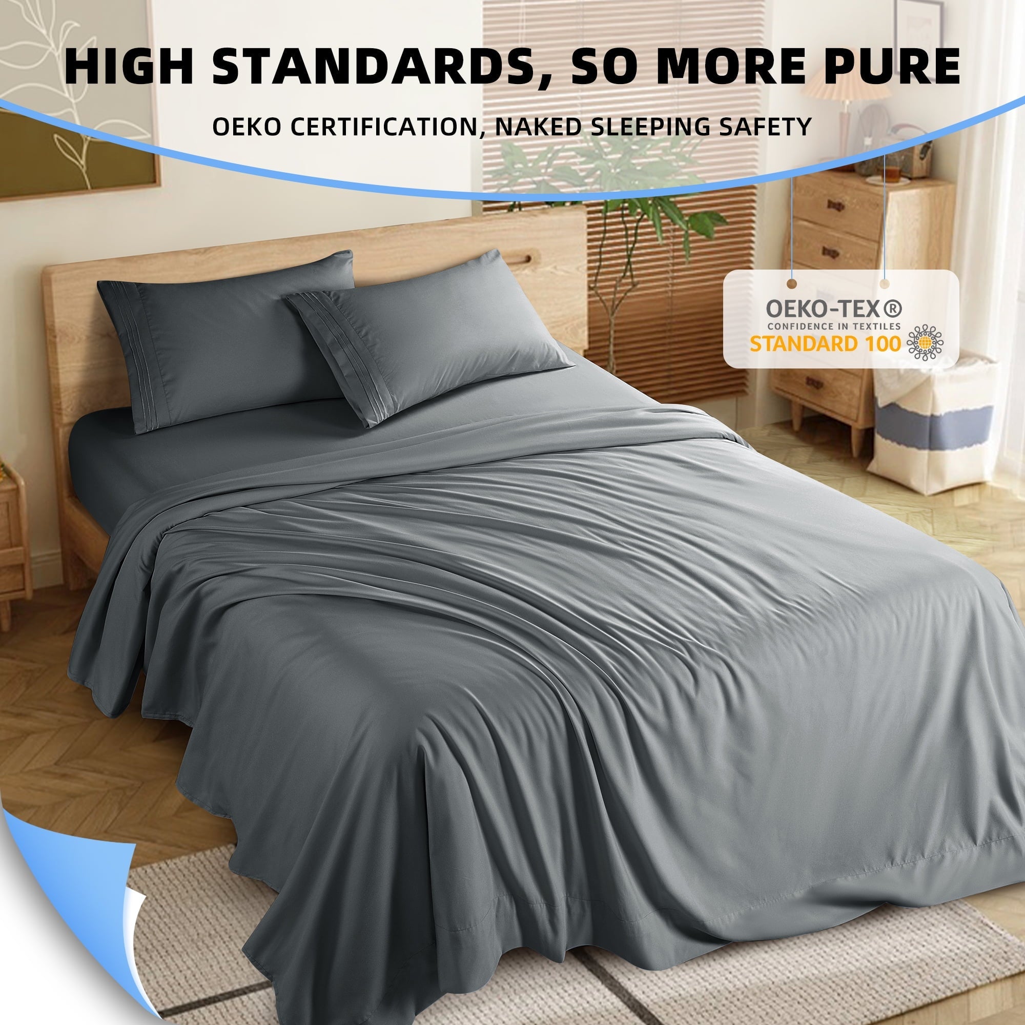 Ultra-Soft Shilucheng 4 Pieces Luxury Bed Sheets Set, Plush Microfiber Bed Sheets, 16" Deep Pocket, Queen, Dark Gray - Cooling Hotel Quality Bedding Sheets and Pillowcases Detail