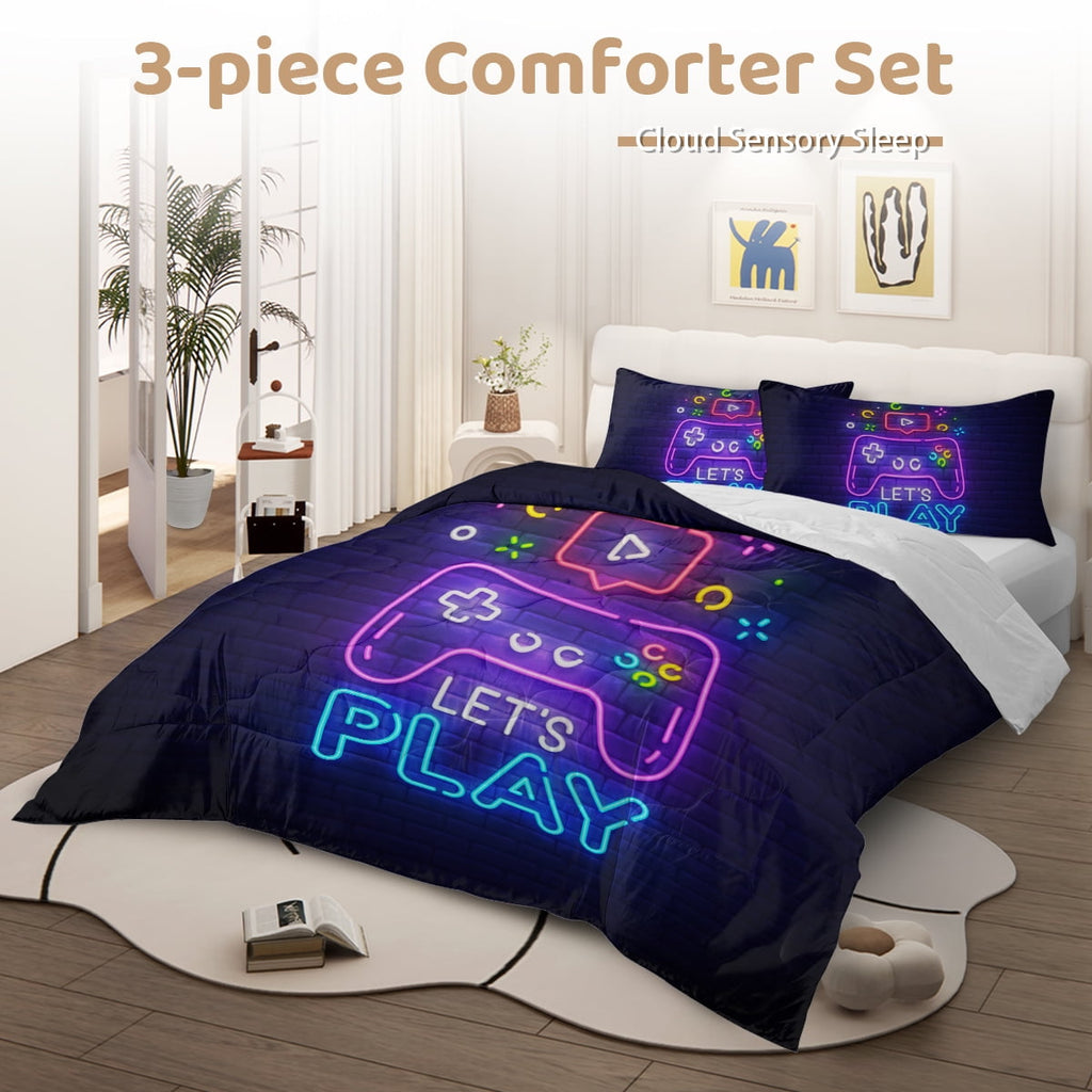 Heavyweight Warmth Gaming Comforter Set for Boys, 3-Piece Abstract Neon Kids Bedding Sets Twin Size - Luxurious Quilted Duvet Cover Set Detail