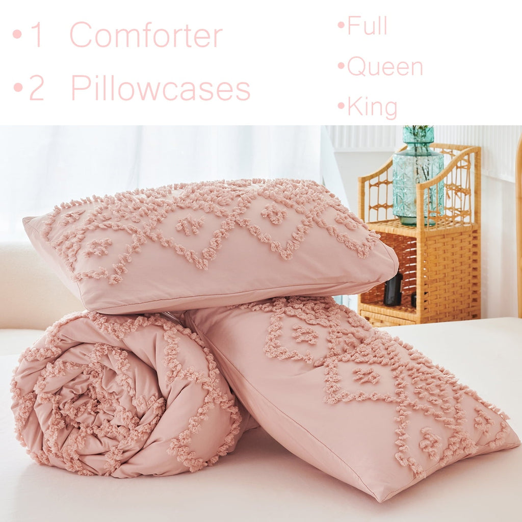 Heavyweight Warmth Pink Diamond Jacquard Comforter Set Queen 3 Pcs Bohemian Tufts Quilt Set for Kids Girls Adult 100% Soft Microfiber Be... - Luxurious Quilted Duvet Cover Set Detail