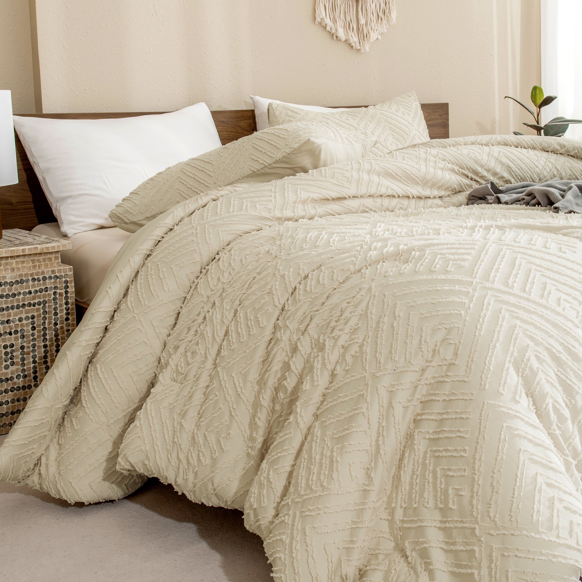 Heavyweight Warmth King Size Comforter Sets Beige - 3 Pieces Cream Boho Bedding Comforter Set for King Bed - Soft Fluffy Tufted Textured... - All-Season Down Alternative Comforter Insert Detail