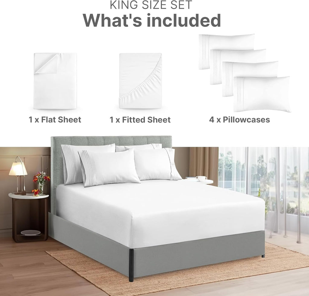 Cooling Sateen 6-Piece Extra Deep Pocket Sheet Set With Extra Matching Pillowcases - King Size Bed Sheets Fits 18"-24" Ma... - Cooling Hotel Quality Bedding Sheets and Pillowcases Detail