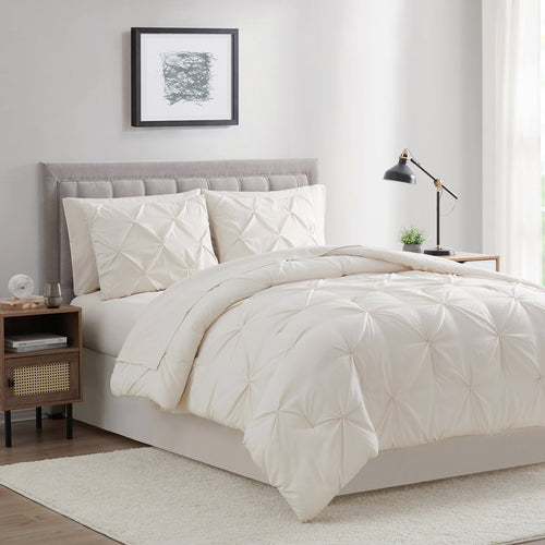 All-Season Comforter Set, 3-Piece, Queen, Pleated Wrinkle-Resistant Microfiber Bedding, Ivory, All-Season - All-Season Down Alternative Comforter Insert Detail