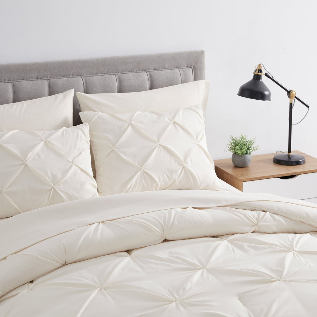 All-Season Comforter Set, 3-Piece, Queen, Pleated Wrinkle-Resistant Microfiber Bedding, Ivory, All-Season - All-Season Down Alternative Comforter Insert Detail