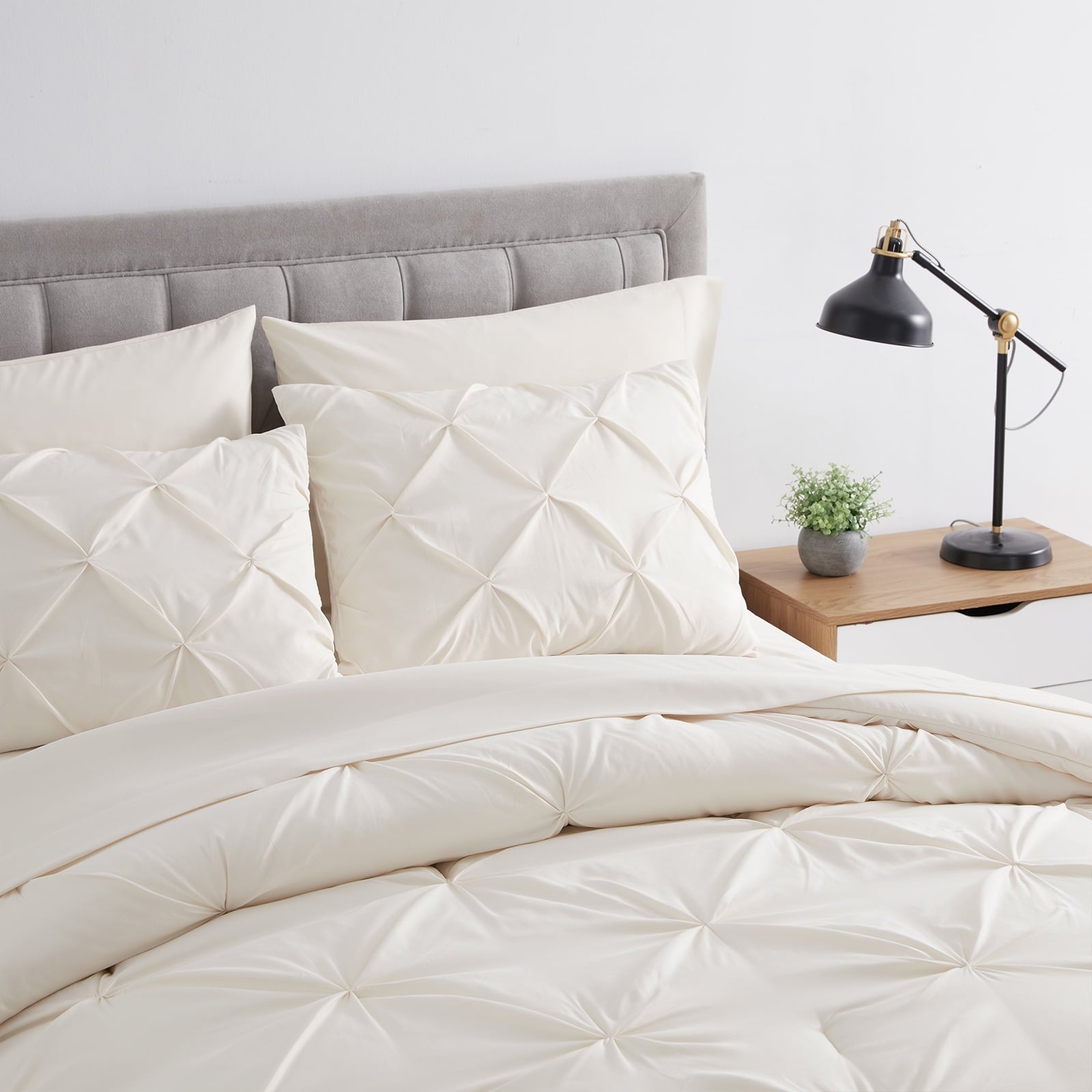 All-Season Comforter Set, 3-Piece, Queen, Pleated Wrinkle-Resistant Microfiber Bedding, Ivory, All-Season - All-Season Down Alternative Comforter Insert Detail