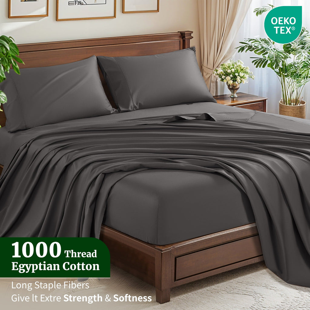 Ultra-Soft 100% Cotton Bed Sheets Set, 1000 Thread Count 4 Piece Luxury Soft Sheets Set with 16" Deep Pocket, Queen, Dark Gray - Breathable Egyptian Cotton Flat & Fitted Sheets Detail