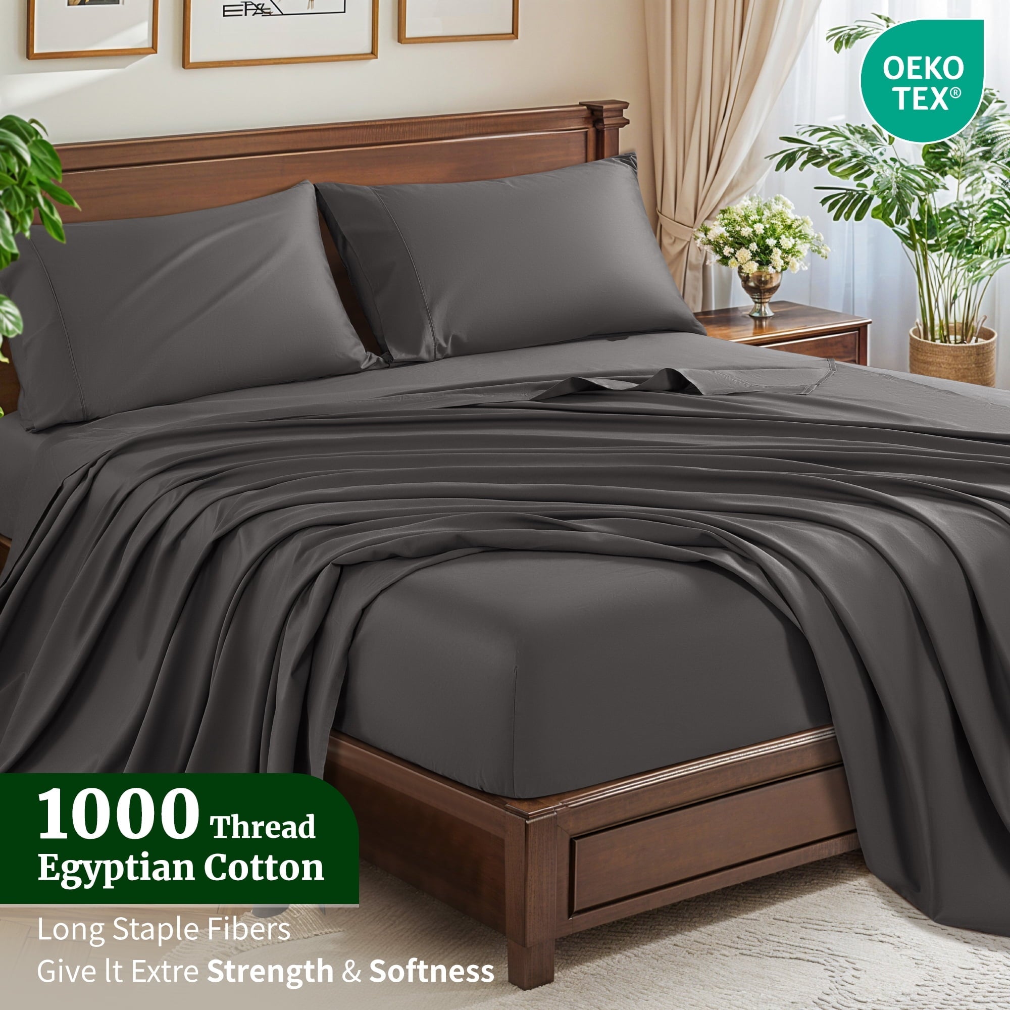 Ultra-Soft 100% Cotton Bed Sheets Set, 1000 Thread Count 4 Piece Luxury Soft Sheets Set with 16" Deep Pocket, Queen, Dark Gray - Breathable Egyptian Cotton Flat & Fitted Sheets Detail