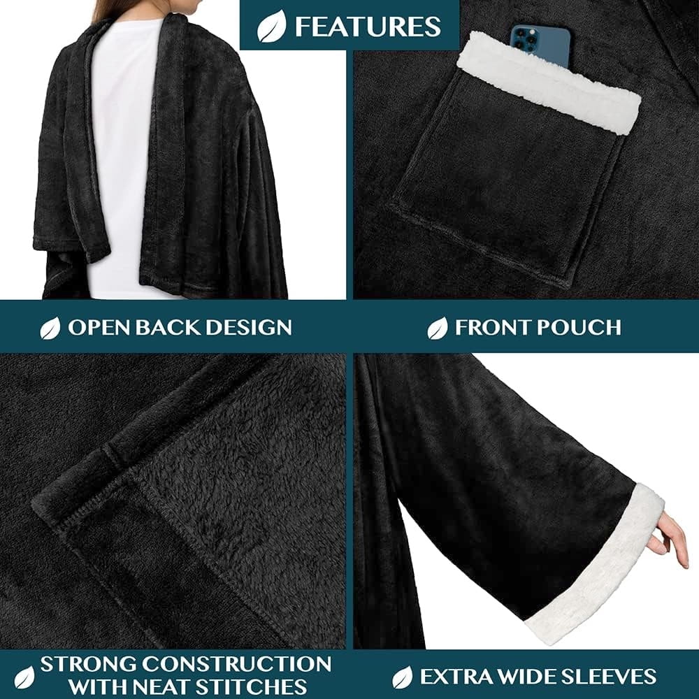 Reversible Sherpa Fleece Blanket with Sleeves for Women Men Adults, Wearable Blanket Warm Soft Plush, Snuggle Pocket Sleeved TV Throw W... - Lightweight Plush Warm Blanket for All Seasons Detail