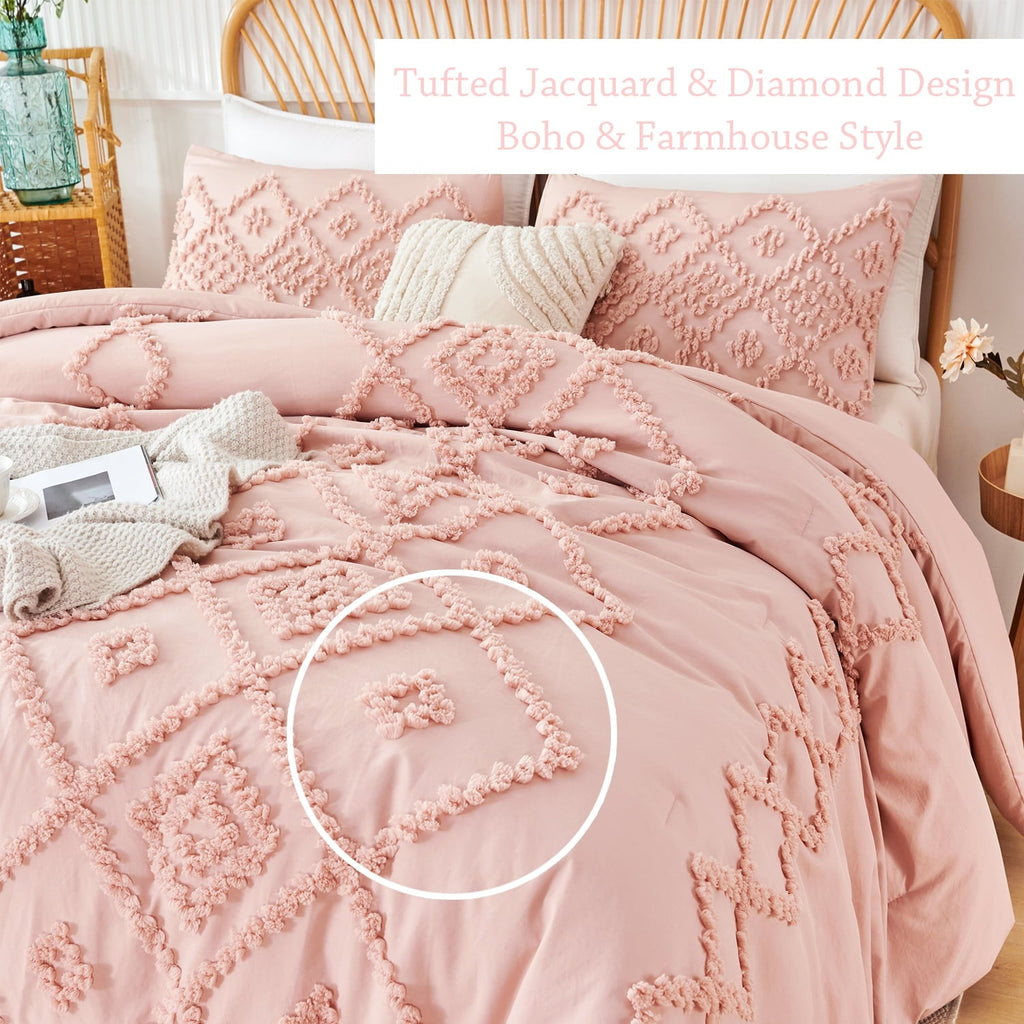 Heavyweight Warmth Pink Diamond Jacquard Comforter Set Queen 3 Pcs Bohemian Tufts Quilt Set for Kids Girls Adult 100% Soft Microfiber Be... - Luxurious Quilted Duvet Cover Set Detail
