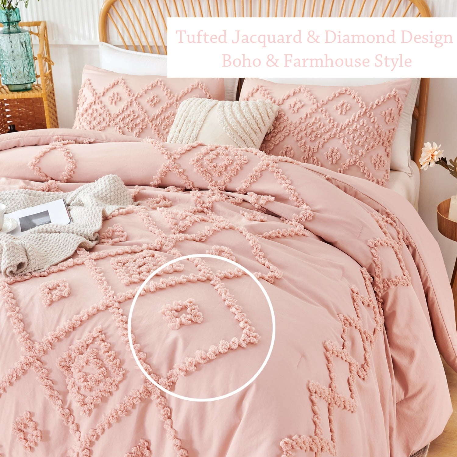Heavyweight Warmth Pink Diamond Jacquard Comforter Set Queen 3 Pcs Bohemian Tufts Quilt Set for Kids Girls Adult 100% Soft Microfiber Be... - Luxurious Quilted Duvet Cover Set Detail