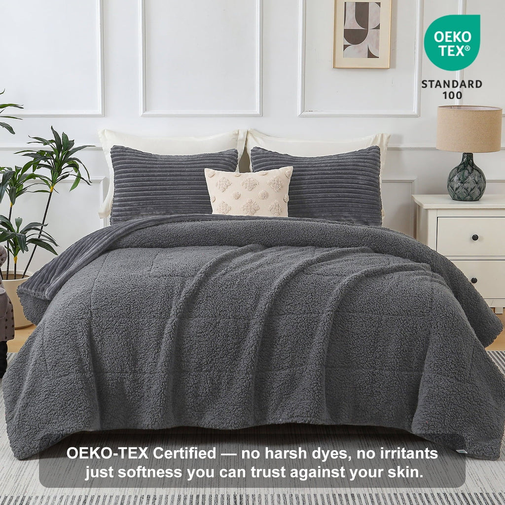 Hypoallergenic Cloud 3 Piece Fleece Queen Comforter Set - Soft & Warm Fluffy Dark Gray Sherpa Bedding , Fuzzy Heavy Double Sided Design Wi... - Luxurious Quilted Duvet Cover Set Detail