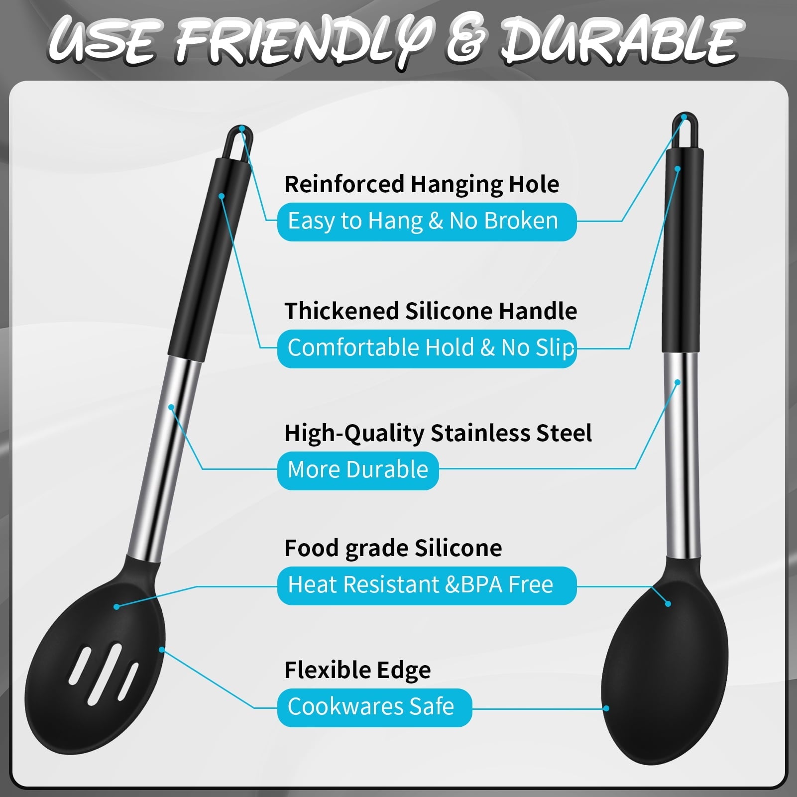 Ergonomic Cooking Silicone Cooking Spatulas and Spoons, 4 Pack Heat Resistant Silicone Cooking Utensils Set, Non-stick Large Ki... - Ergonomic Kitchen Tongs and Cooking Spoon Utensil Detail