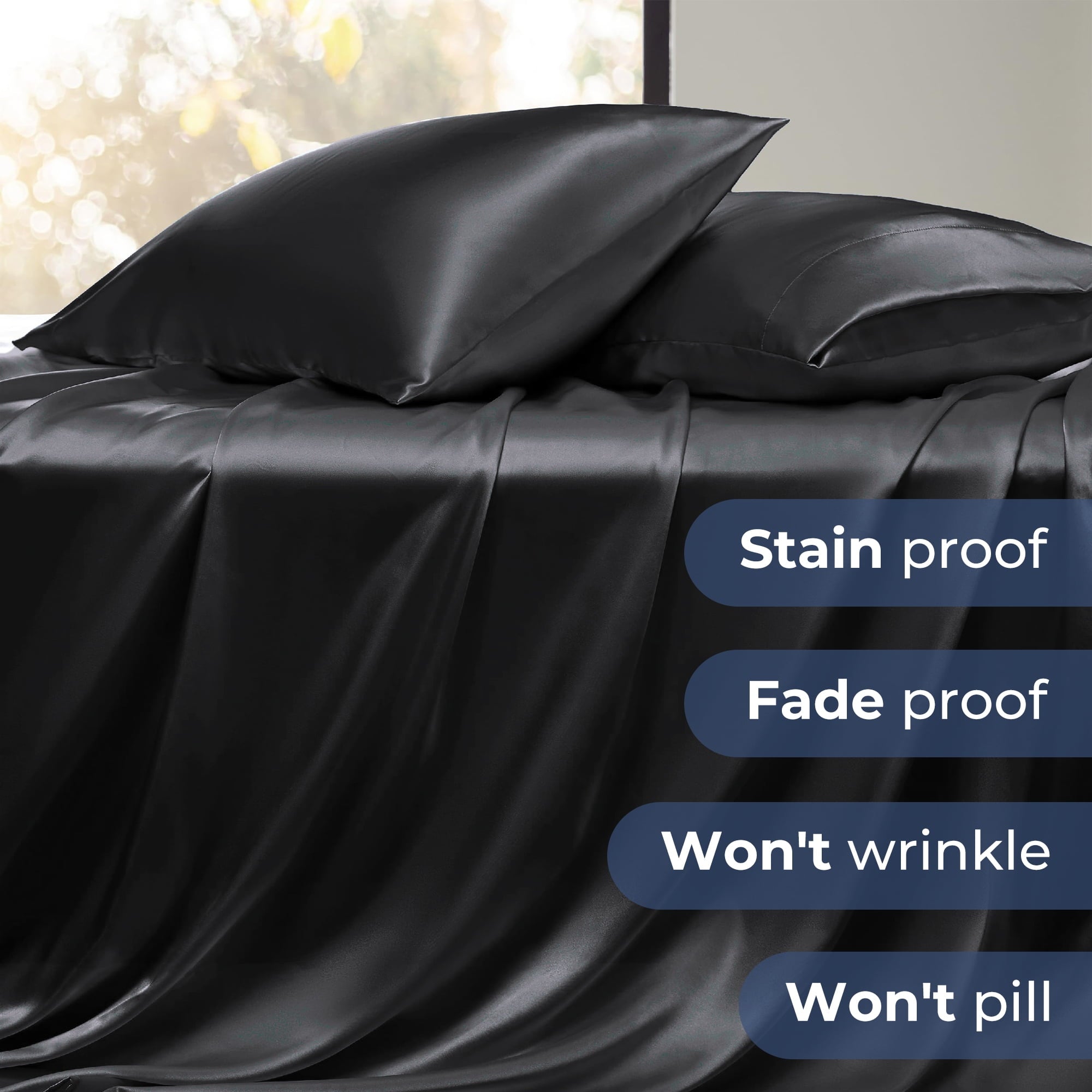 Wrinkle-Resistant Set, Queen, Silky Bed s, 4 Pieces,Black - Luxury Bed Sheet Set with Deep Pockets Detail