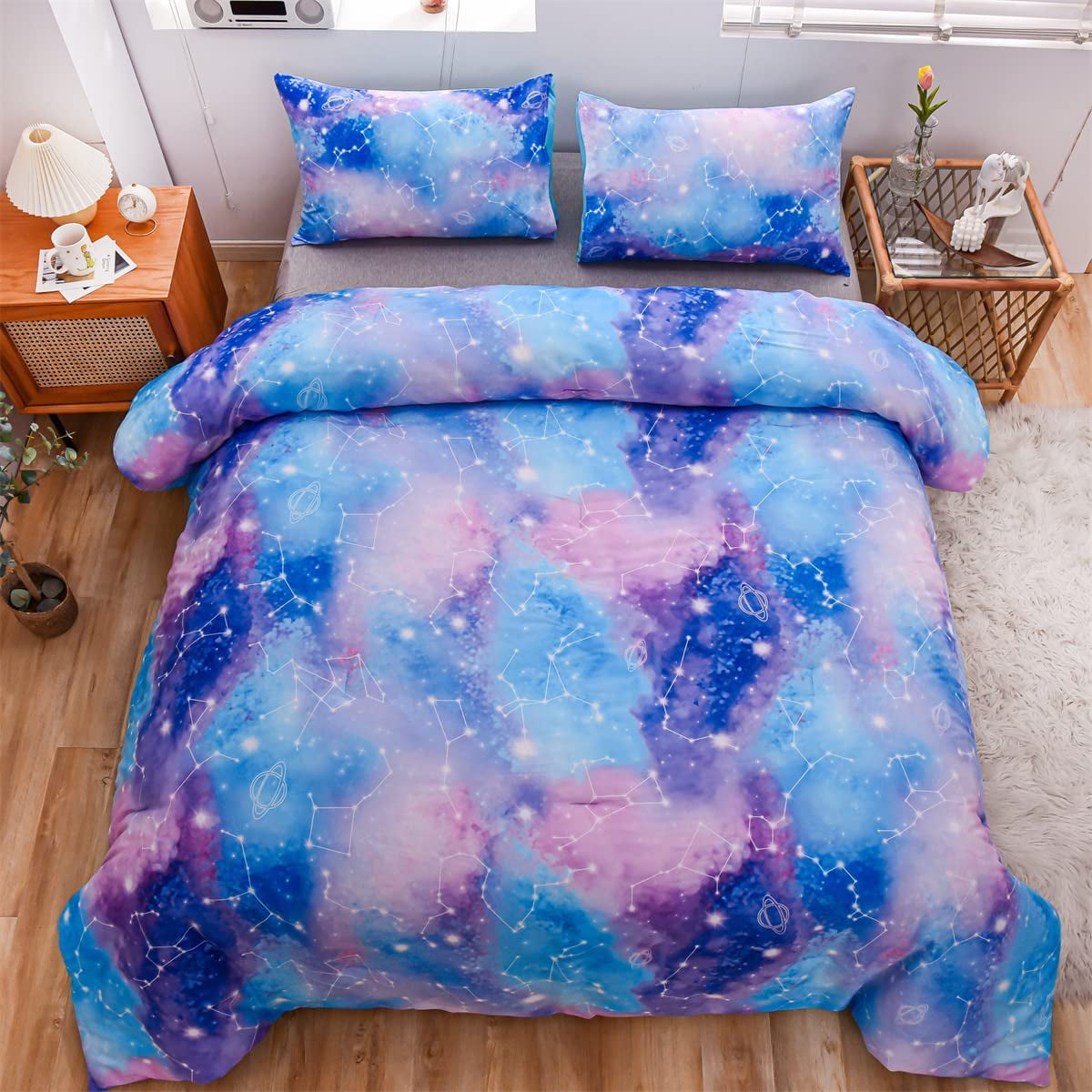 All-Season Tie Dye Constellation Ombre Comforter Set Twin Gradient Galaxy Bedding Set Blue Purple - Cloud-Like Soft Lightweight Bed Comforter Detail