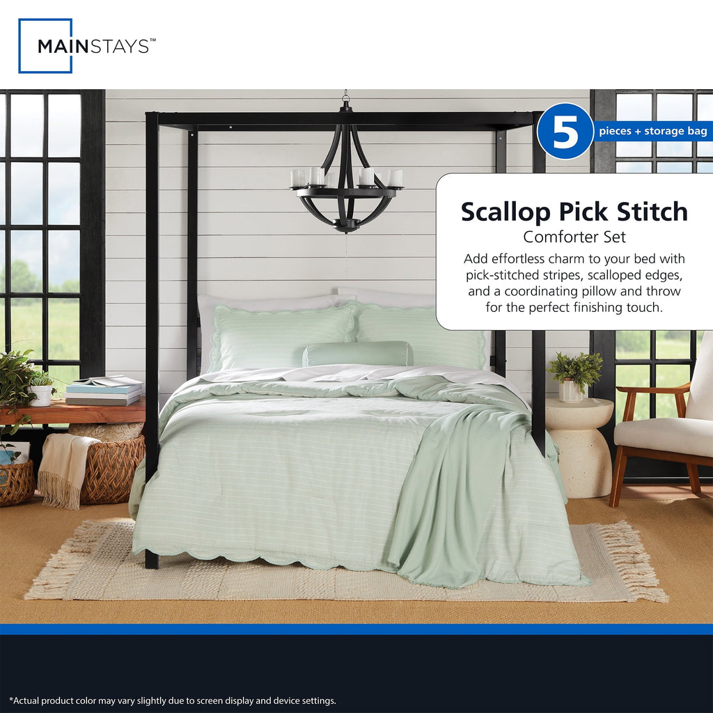 Luxurious Quilted Full/Queen Comforter Set, All-Season, 5-Piece, Sage Pick Stitch Scallop - Hypoallergenic Ultra-Fluffy Quilt for Winter Detail