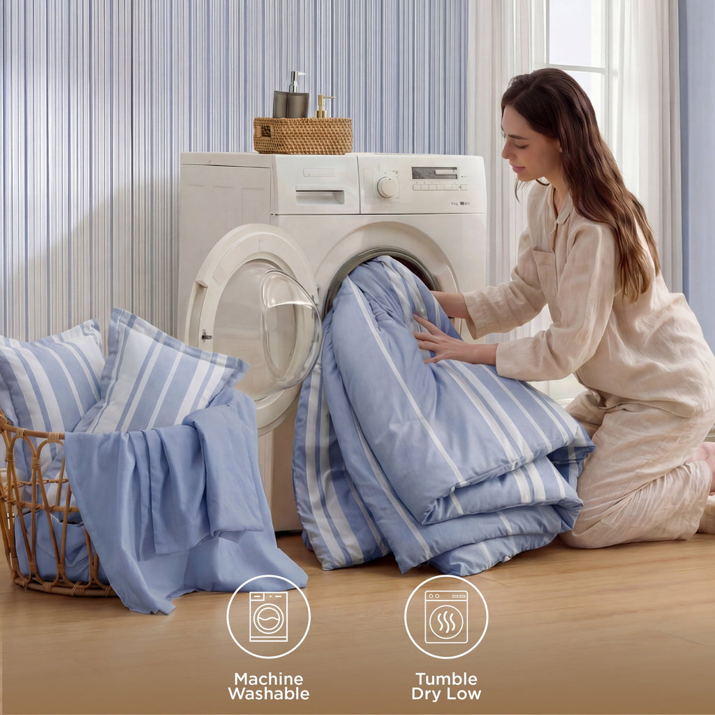 Luxurious Quilted Queen Comforter Set Blue, Bed in a Bag Queen Size Bedding 7-Pieces, Striped Bedding Set for All Seasons - Cloud-Like Soft Lightweight Bed Comforter Detail