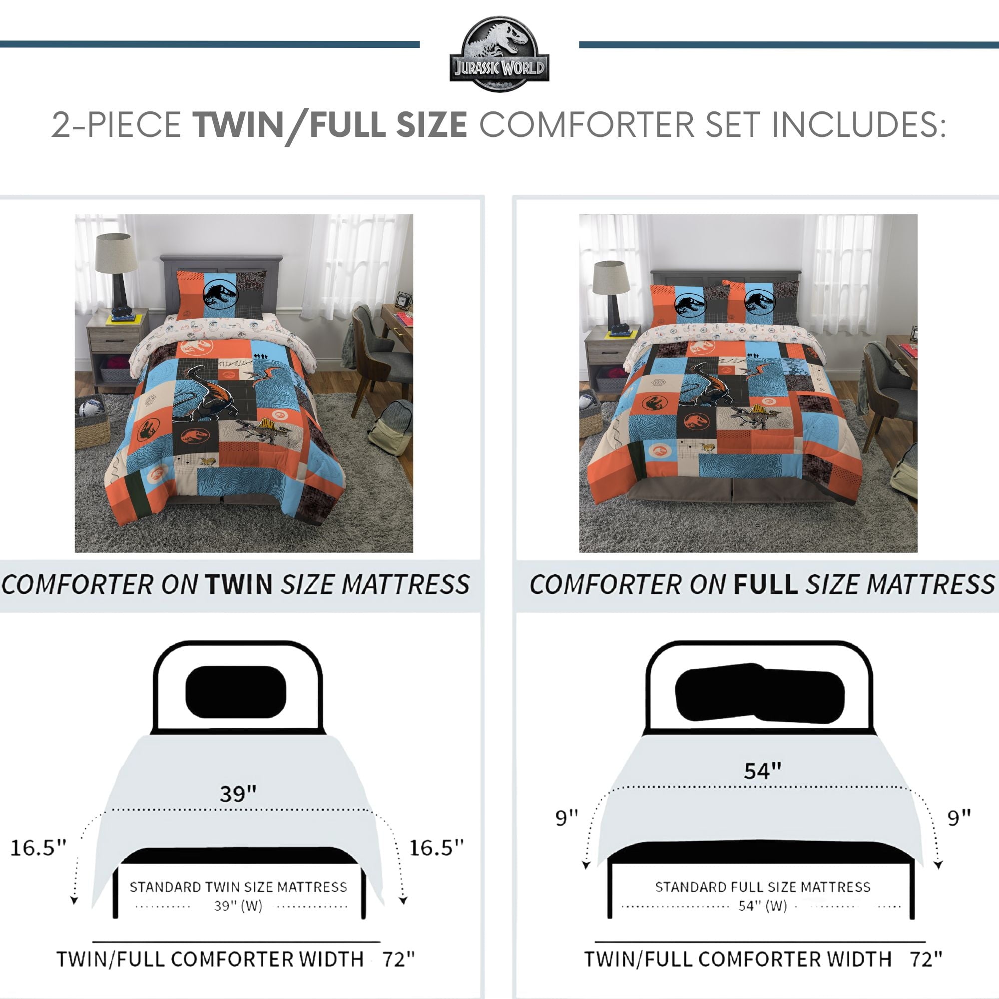 All-Season Kids 2 Piece Blue Orange Reversible Dinosaur Comforter and Pillowcase set, Twin/full - Hypoallergenic Ultra-Fluffy Quilt for Winter Detail