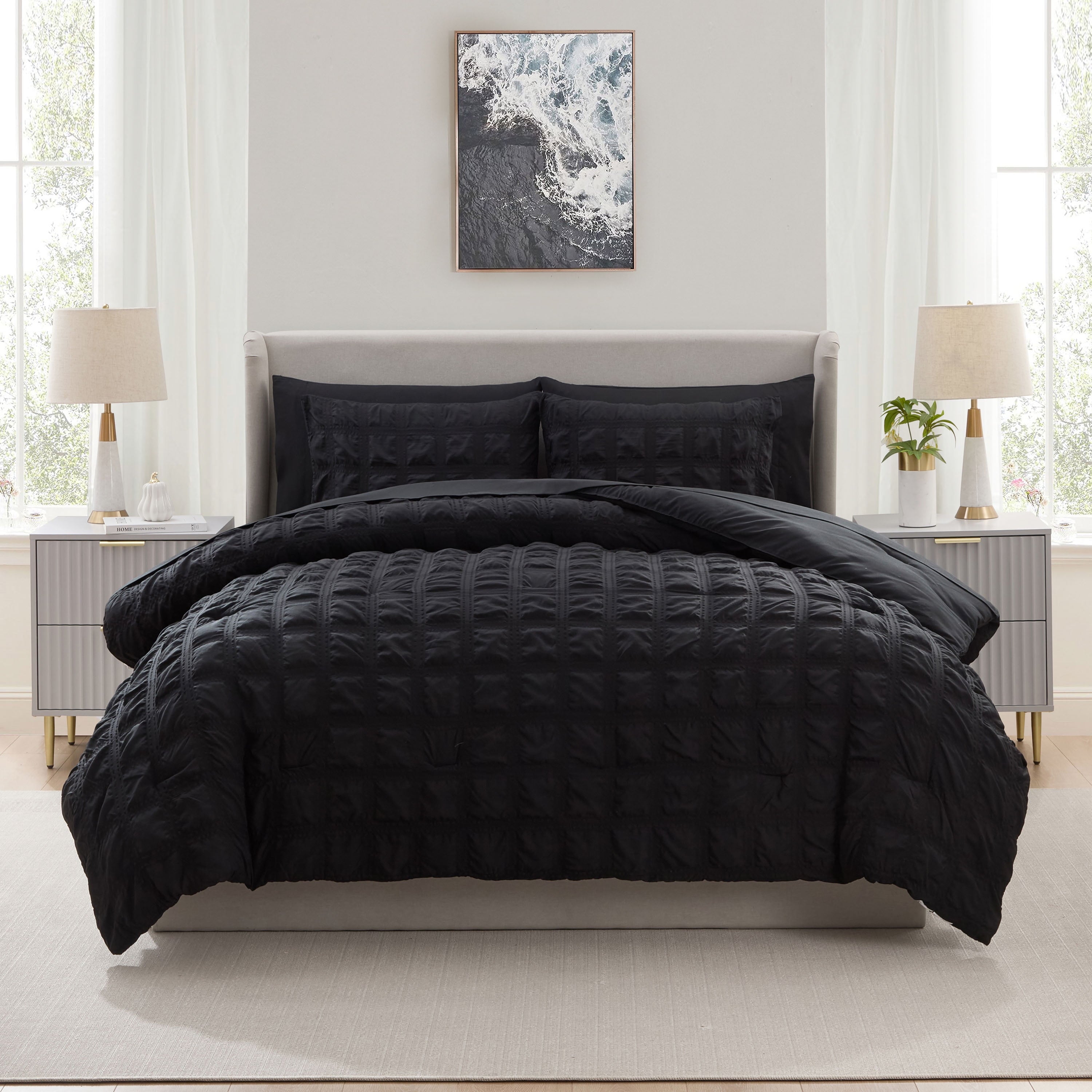 Heavyweight Warmth Queen Comforter Set, Seersucker Queen Size Comforter Set, 7-Pc All Season Bedding Comforter Set, Black - All-Season Down Alternative Comforter Insert Detail