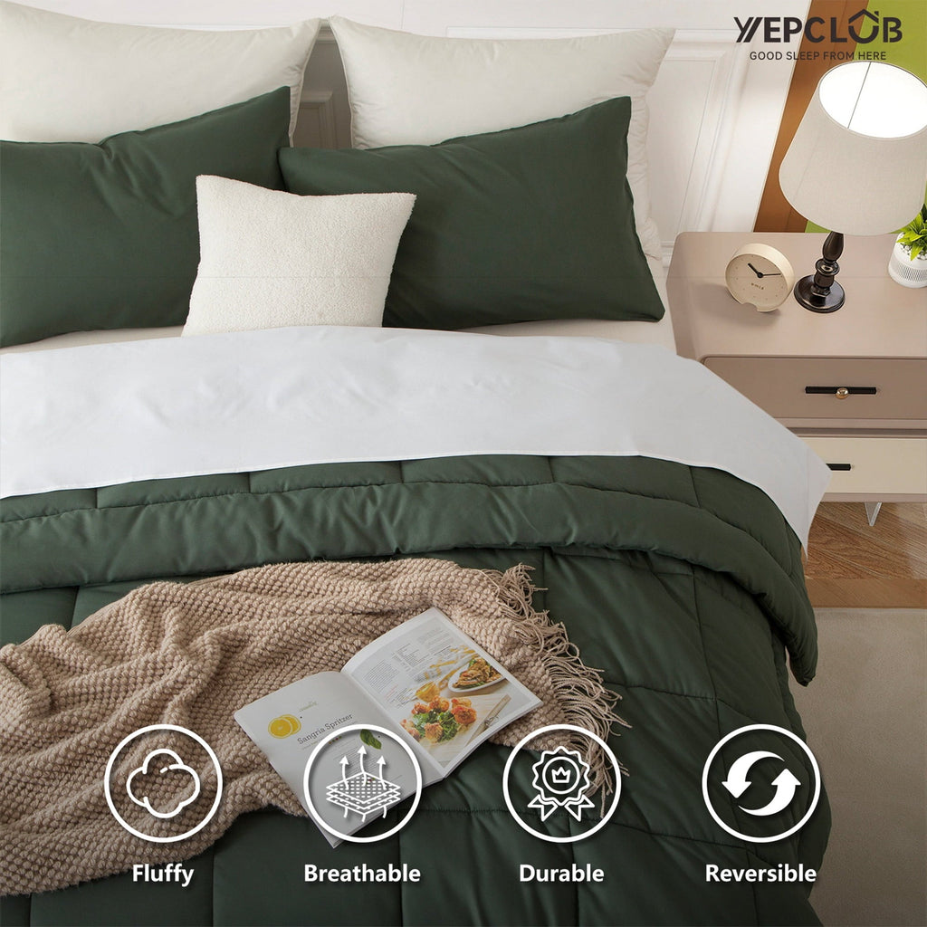 All-Season 3-Piece Twin Size Comforter Set, Green Down Alternative Reversible Bedding Set, All-Season Quilted Soft Comforter wit... - All-Season Down Alternative Comforter Insert Detail