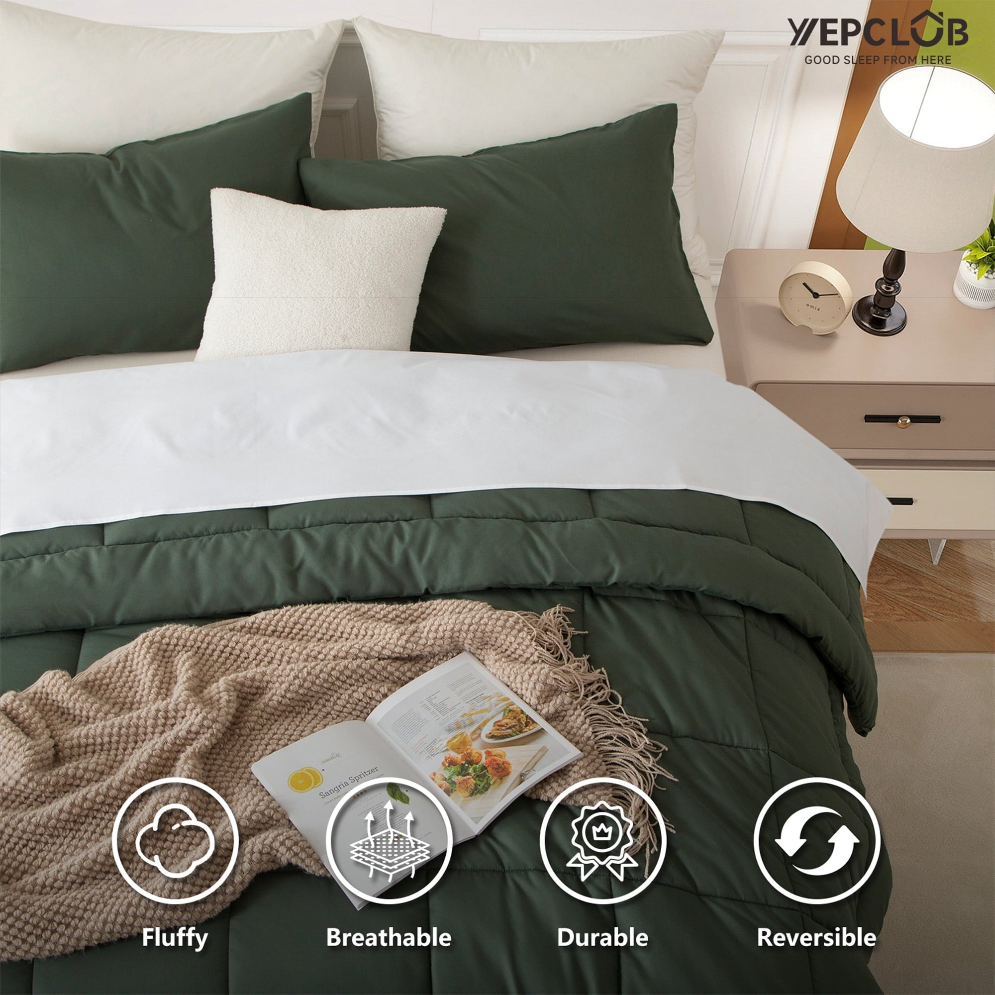All-Season 3-Piece Twin Size Comforter Set, Green Down Alternative Reversible Bedding Set, All-Season Quilted Soft Comforter wit... - All-Season Down Alternative Comforter Insert Detail