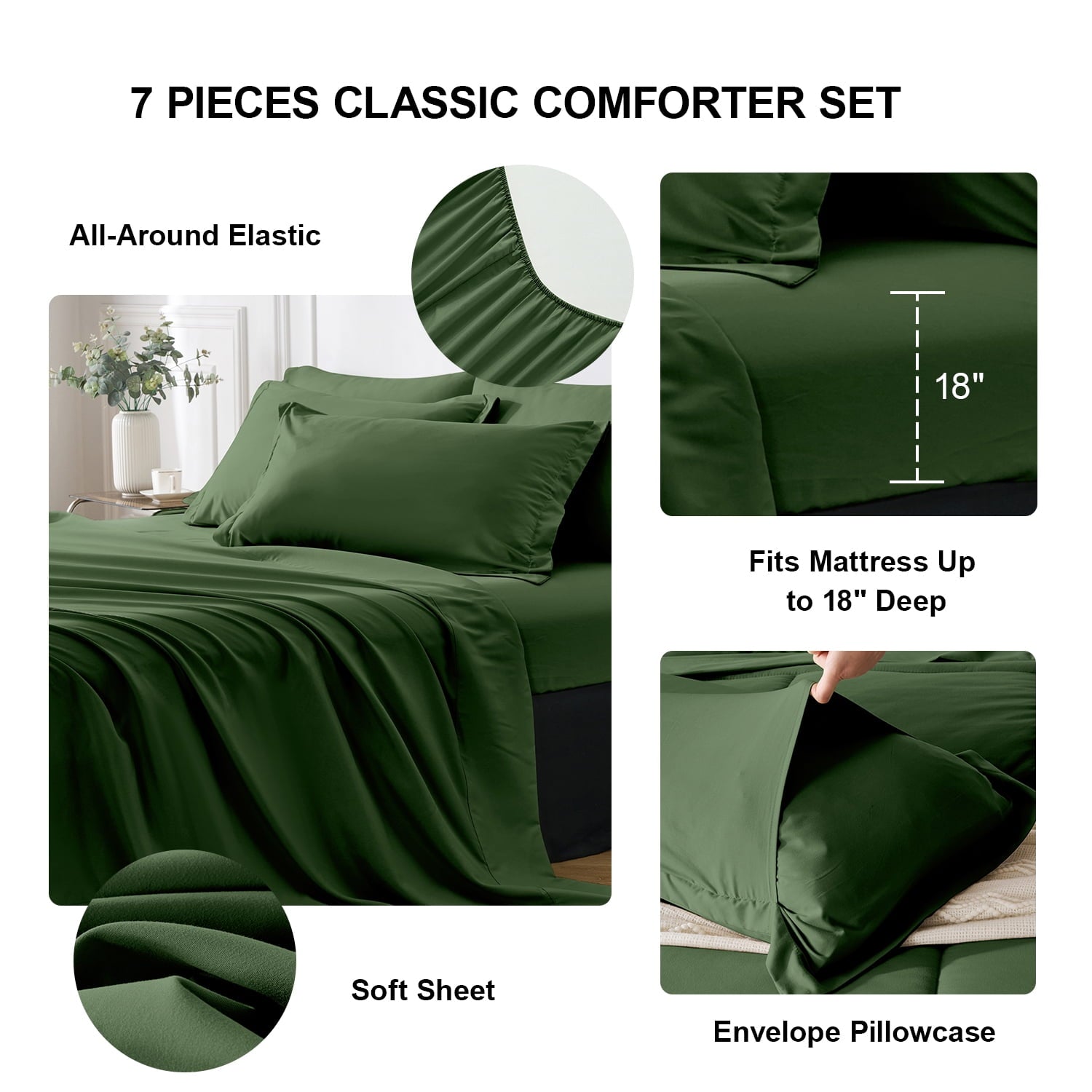 Hypoallergenic Cloud Queen Comforter Set Forest Green Bed in a Bag Queen Size 7 Pieces Soft Bed Set Lightweight Microfiber Green Bedding C... - All-Season Down Alternative Comforter Insert Detail