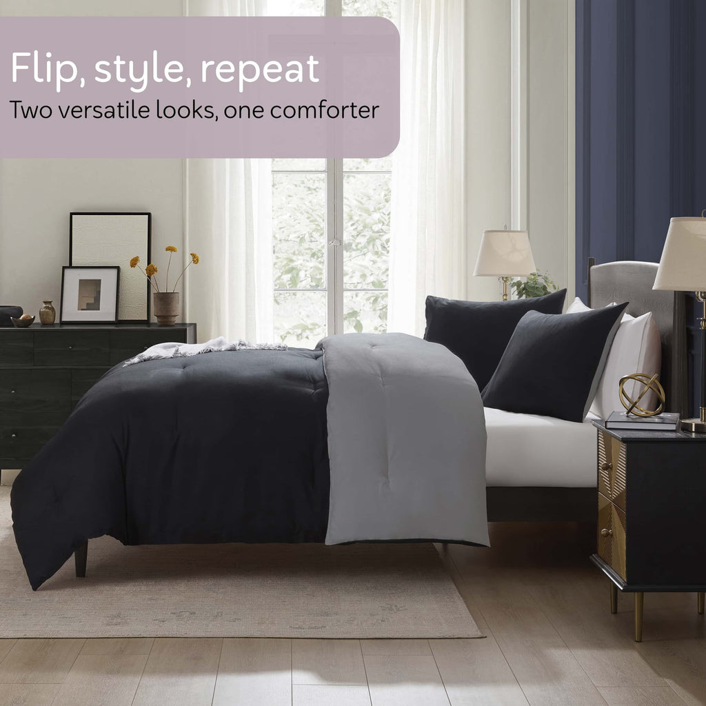 All-Season Comforter Sets, All Season Lightweight Reversible Queen Comforter Set, 3-Pc Bedding Sets, Black/Charcoal gray - All-Season Down Alternative Comforter Insert Detail