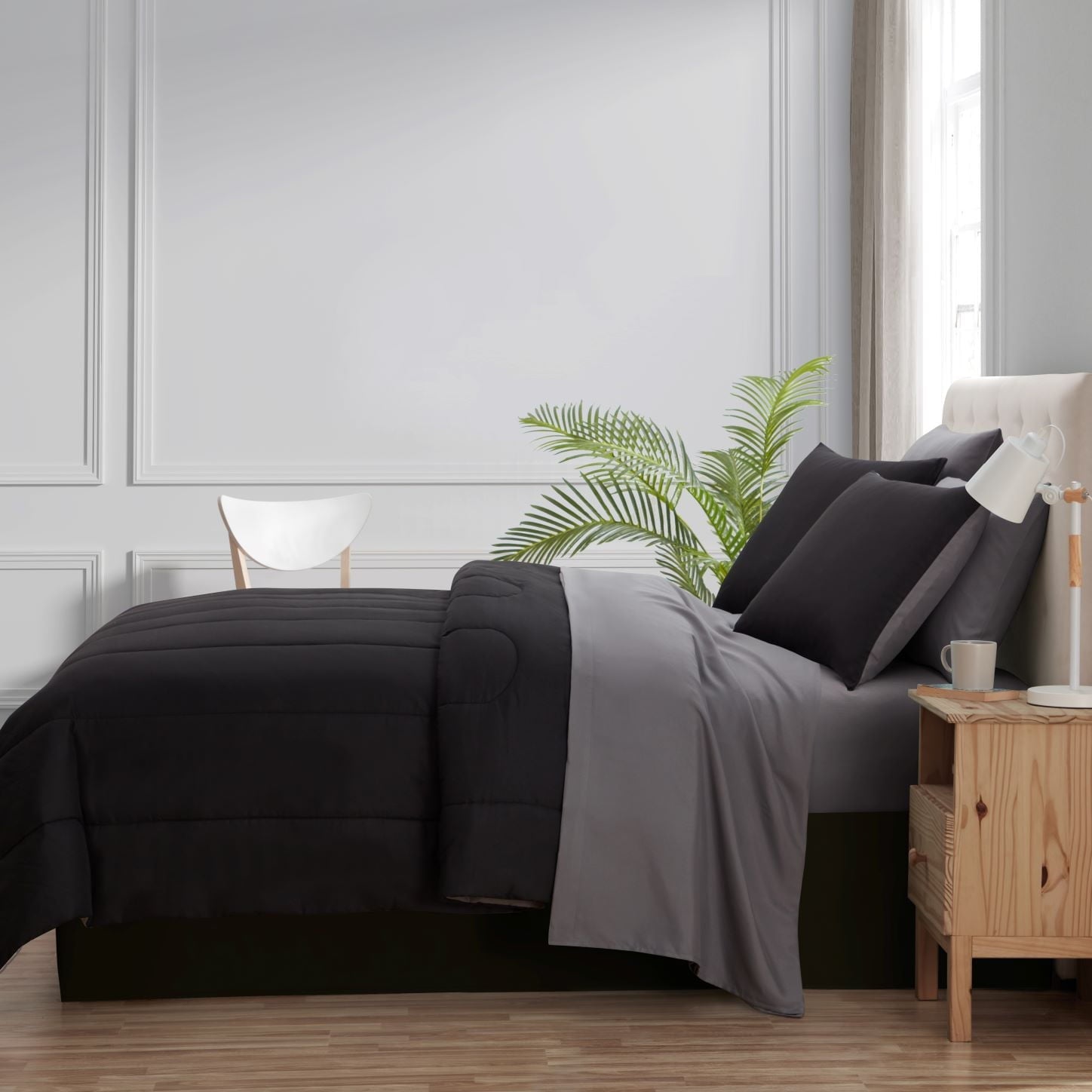 Luxurious Quilted 7 Piece Reversible Bed in a Bag Comforter Set with Sheets, Black, King - All-Season Down Alternative Comforter Insert Detail