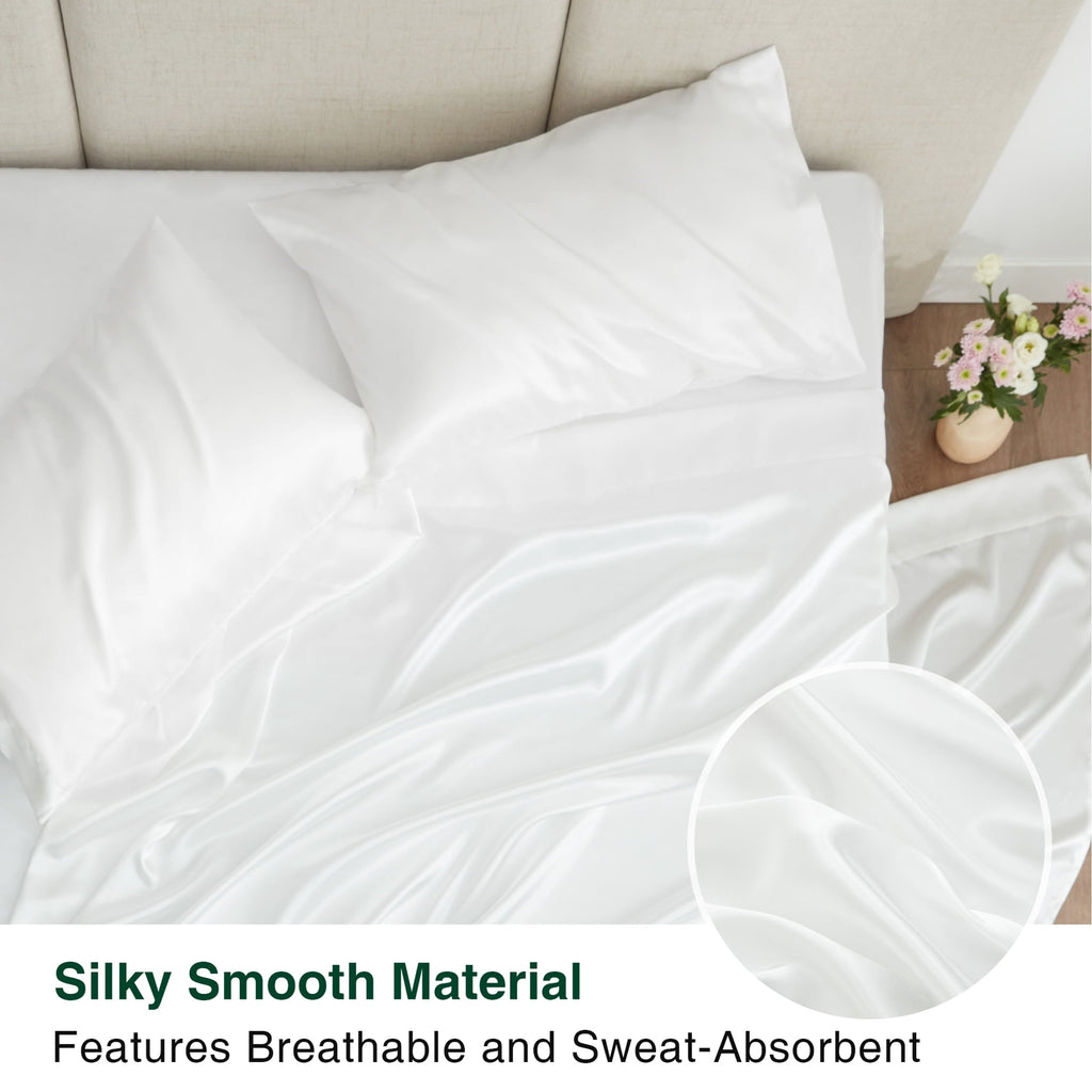 Premium Egyptian Cotton Satin Sheets Full Sheet Set Deep Pocket Luxury Silky Bed Sheets for Hair and Skin 4 Pieces, White - Cooling Hotel Quality Bedding Sheets and Pillowcases Detail