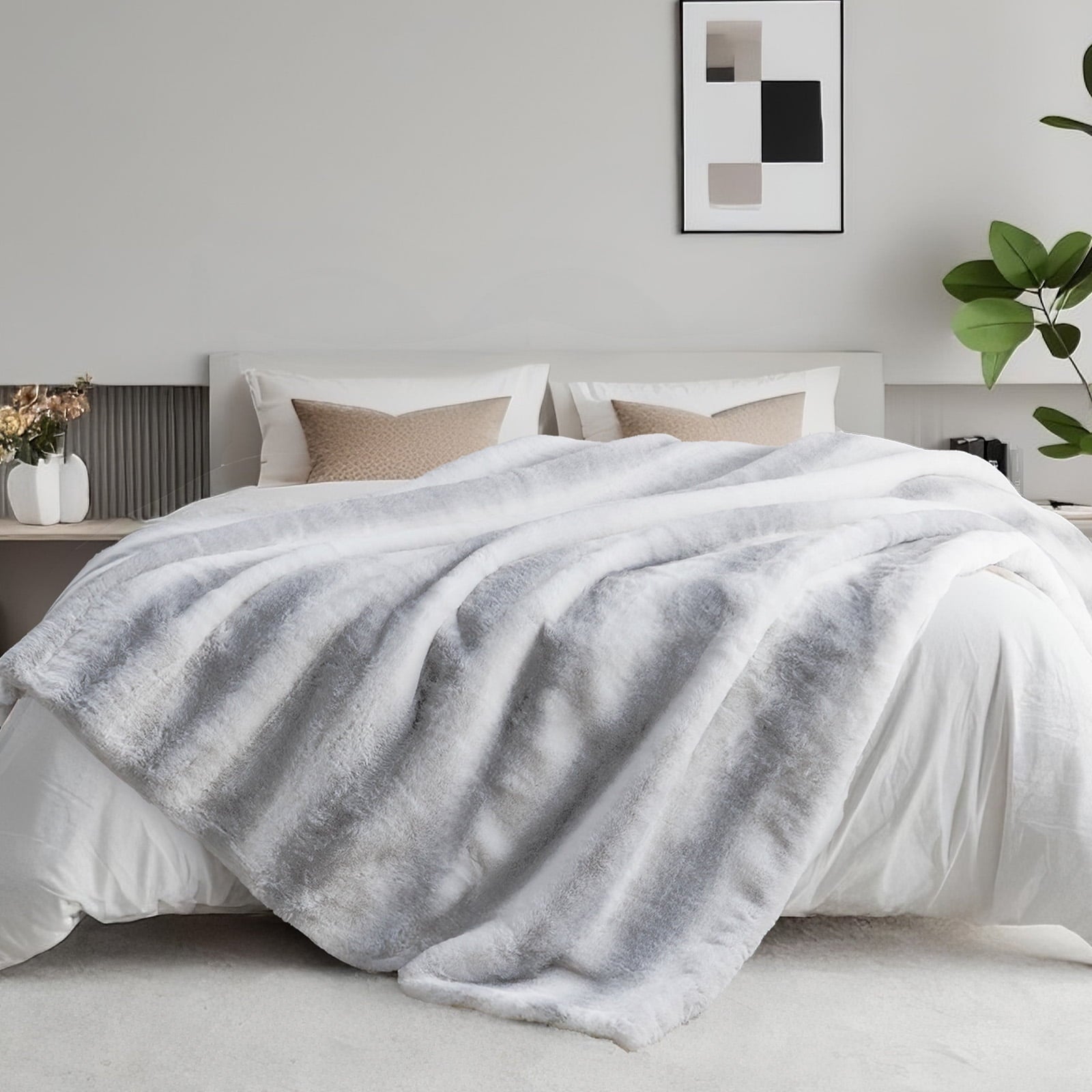 Cozy Fleece Luxury Faux Fur Throw Blanket for Bed Super Thick Warm Fuzzy Blankets for Bedroom Living Room, 60" x 80", White - Cozy Fleece Throw Blanket for Couch & Bed Detail
