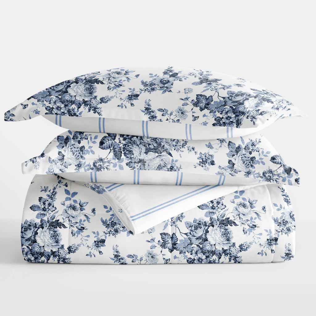 Hypoallergenic Cloud Down Alternative Cabbage Rose Stripe Stone Reversible Comforter Set - All-Season Down Alternative Comforter Insert Detail