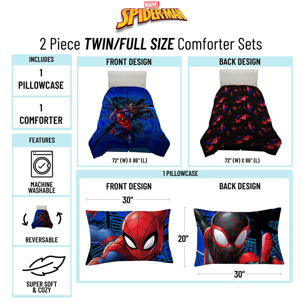 Heavyweight Warmth Spiderman Techno City Kids 2 Piece Blue Reversible Comforter and Pillowcase Set, Twin/Full - Cloud-Like Soft Lightweight Bed Comforter Detail
