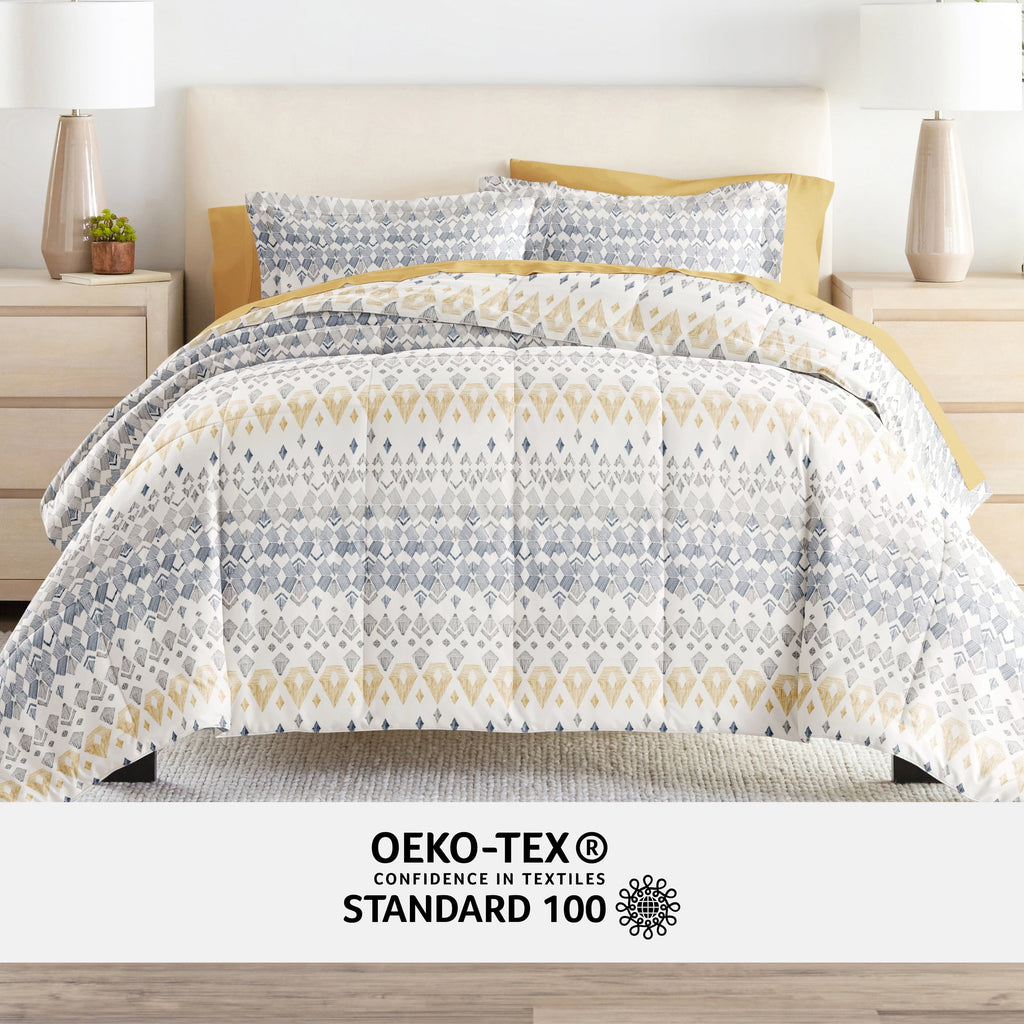 All-Season 7 Piece Bedding Bundle, Microfiber Patterned Comforter and Sheet Set, Queen - Cloud-Like Soft Lightweight Bed Comforter Detail