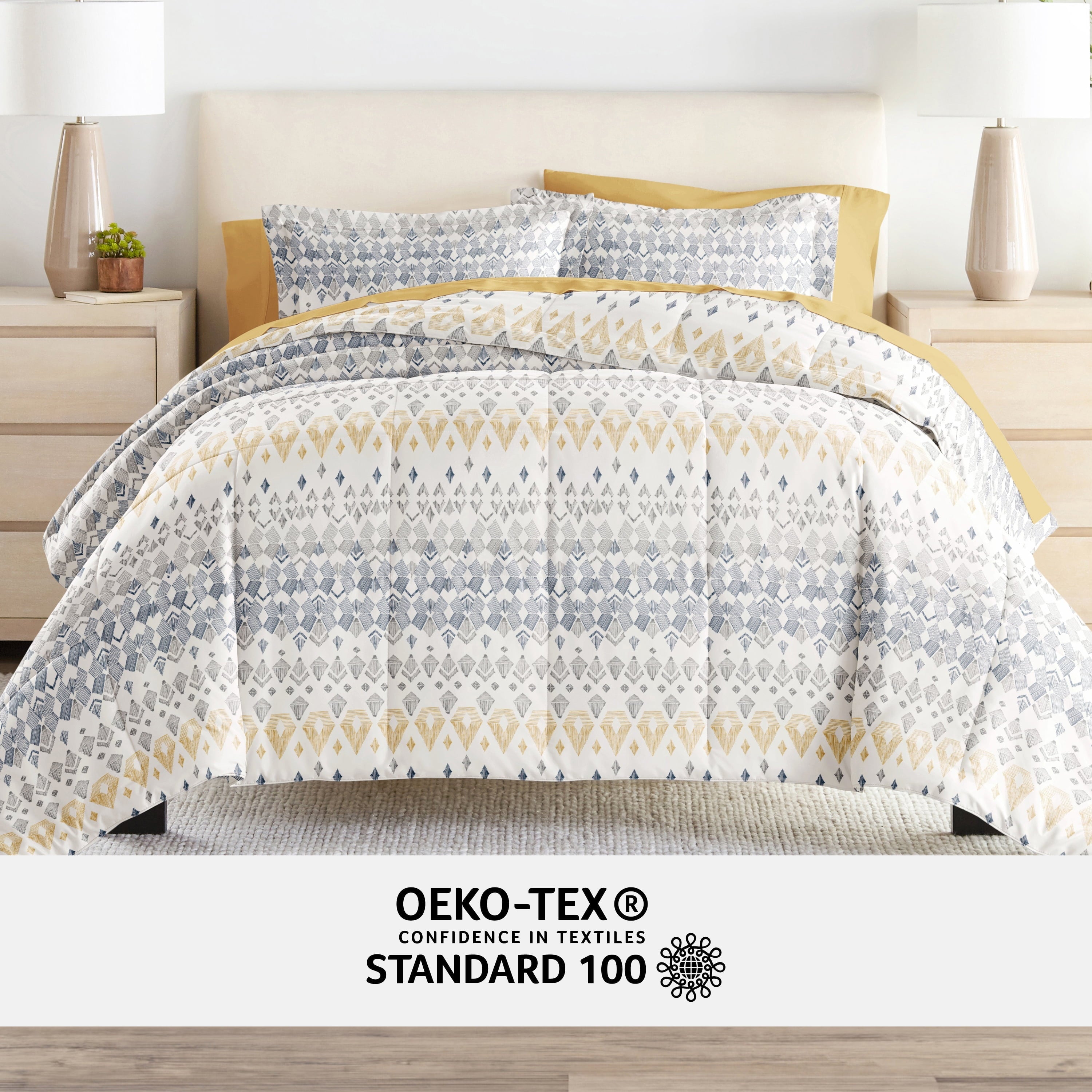 All-Season 7 Piece Bedding Bundle, Microfiber Patterned Comforter and Sheet Set, Queen - Cloud-Like Soft Lightweight Bed Comforter Detail