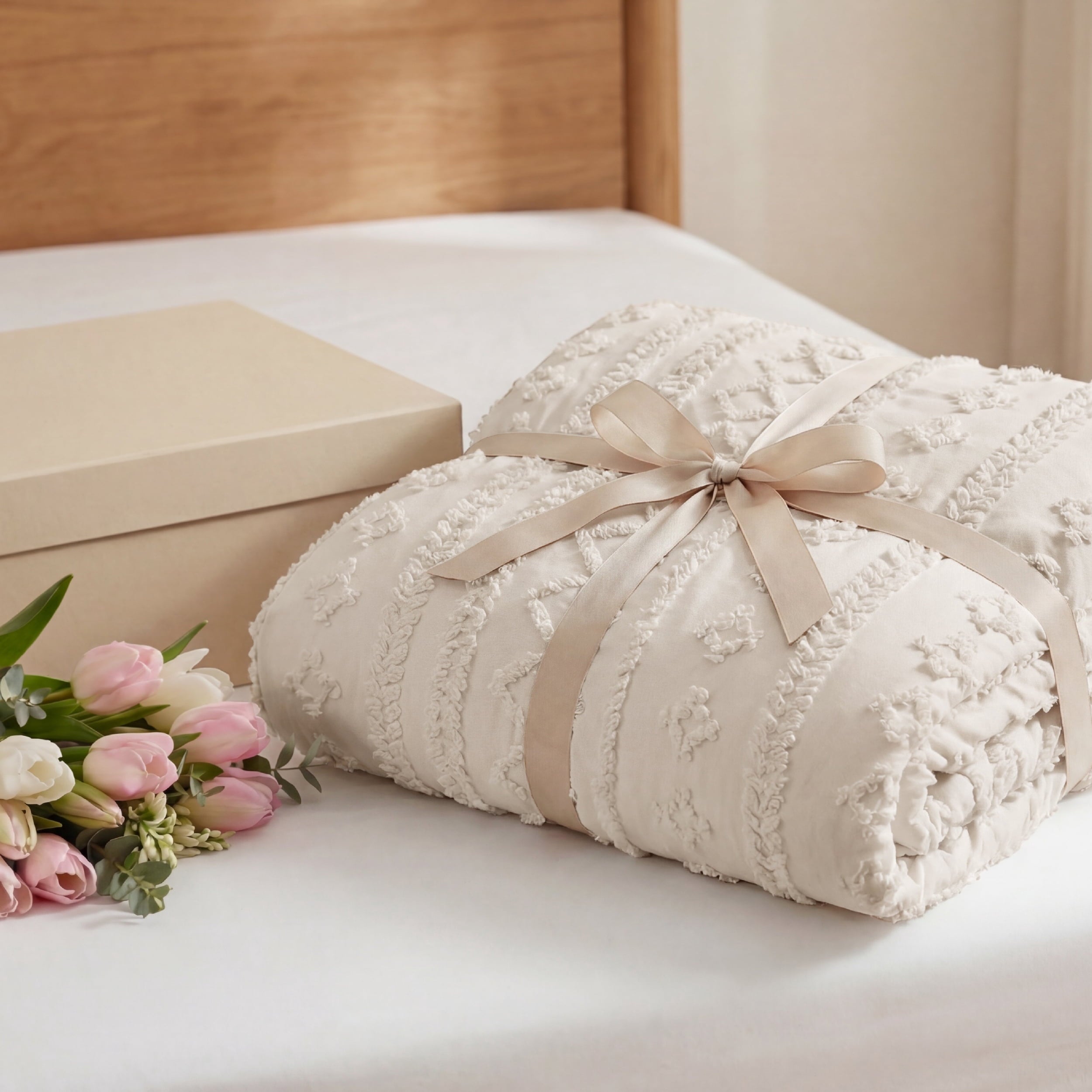 Luxurious Quilted Tufted Boho Comforter Set Queen, Beige, 3 Pieces Farmhouse Shabby Chic Embroidery Bedding Set, Soft Jacquard Comforte... - Luxurious Quilted Duvet Cover Set Detail