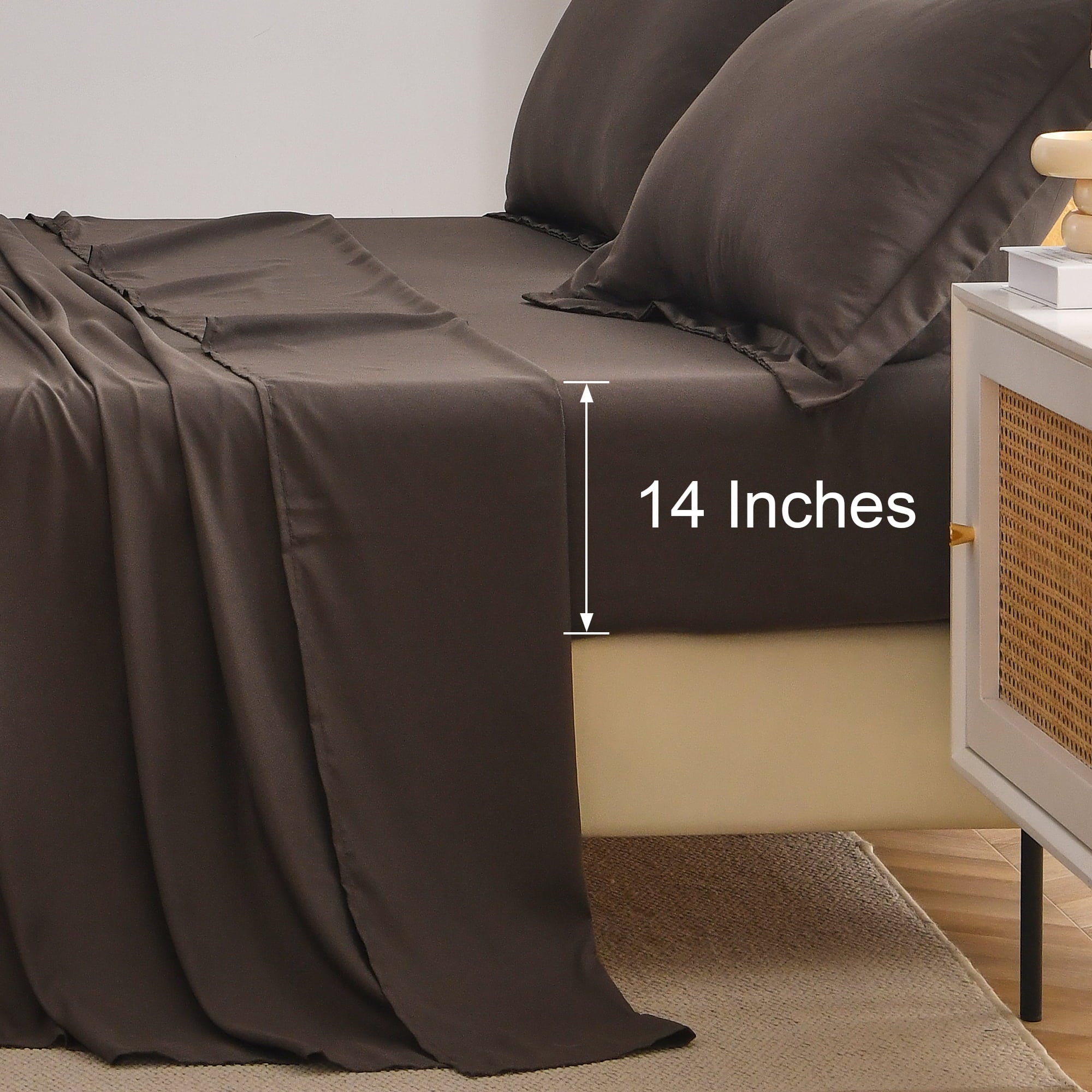 Cooling Sateen Bed Sheets Set 4 Piece Queen/Full Sheet Set Brown Gray Cotton Blend Fitted Sheet, Flat Sheet & 2 Pillowcases Bedding Set - Luxury Bed Sheet Set with Deep Pockets Detail