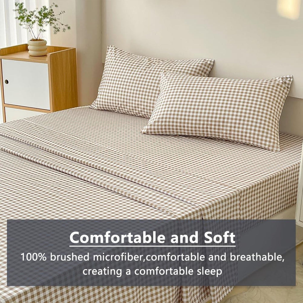 Cooling Sateen Sheet Set, Soft Brushed Microfiber Taupe Plaid Sheets, 4-Piece Brown Grid Set with Deep Pocket - Cooling Hotel Quality Bedding Sheets and Pillowcases Detail