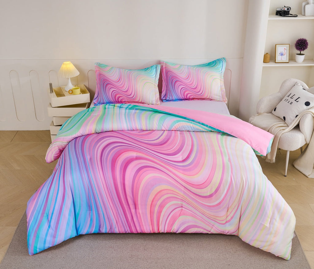 All-Season 3-Piece Abstract Tie Dye Comforter Set, Blue Pink Purple, Kids Bedding Set for Girls Full/Queen Size - Luxurious Quilted Duvet Cover Set Detail