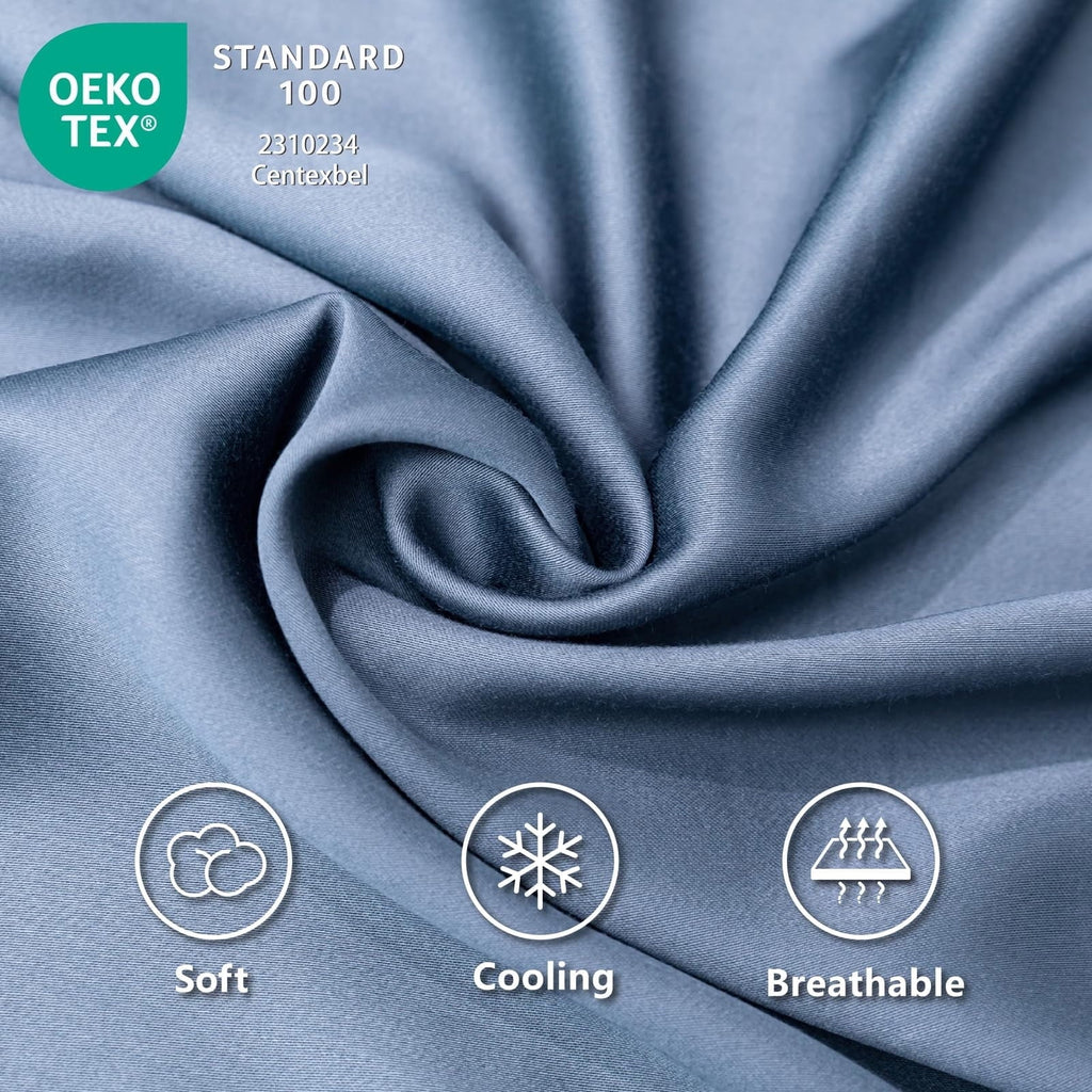 Wrinkle-Resistant Luxury Bamboo Bed Sheets Set Full 4 Pcs for Adult,Soft&Cool,16" Deep Pocket,Blue Gray - Premium Ultra-Soft Pillowcase Pair for Sleeping Detail