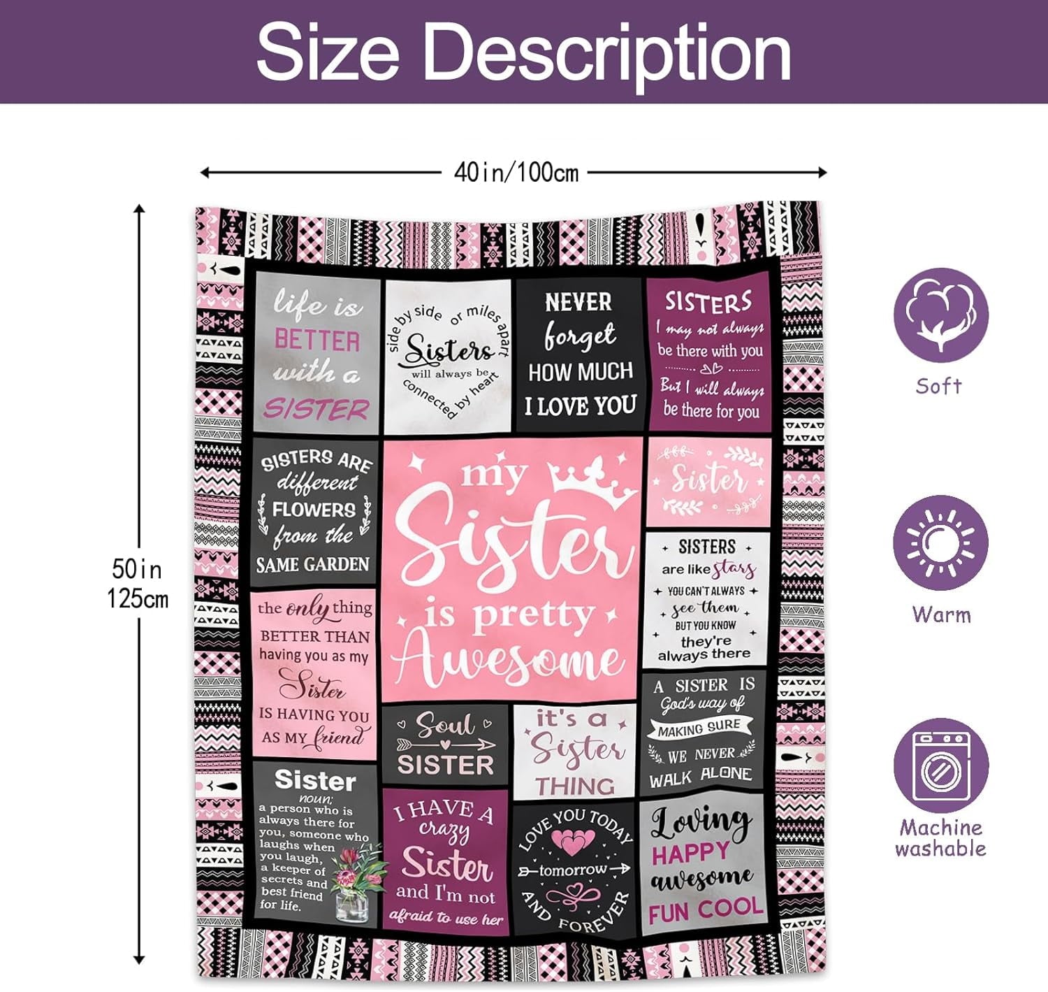 Cozy Fleece Sister Gifts , Sisters Birthday Gift Idea, Best Sister Ever Gift for Women, Birthday Gifts for Sisters, Sis Soft Thro... - Cozy Fleece Throw Blanket for Couch & Bed Detail