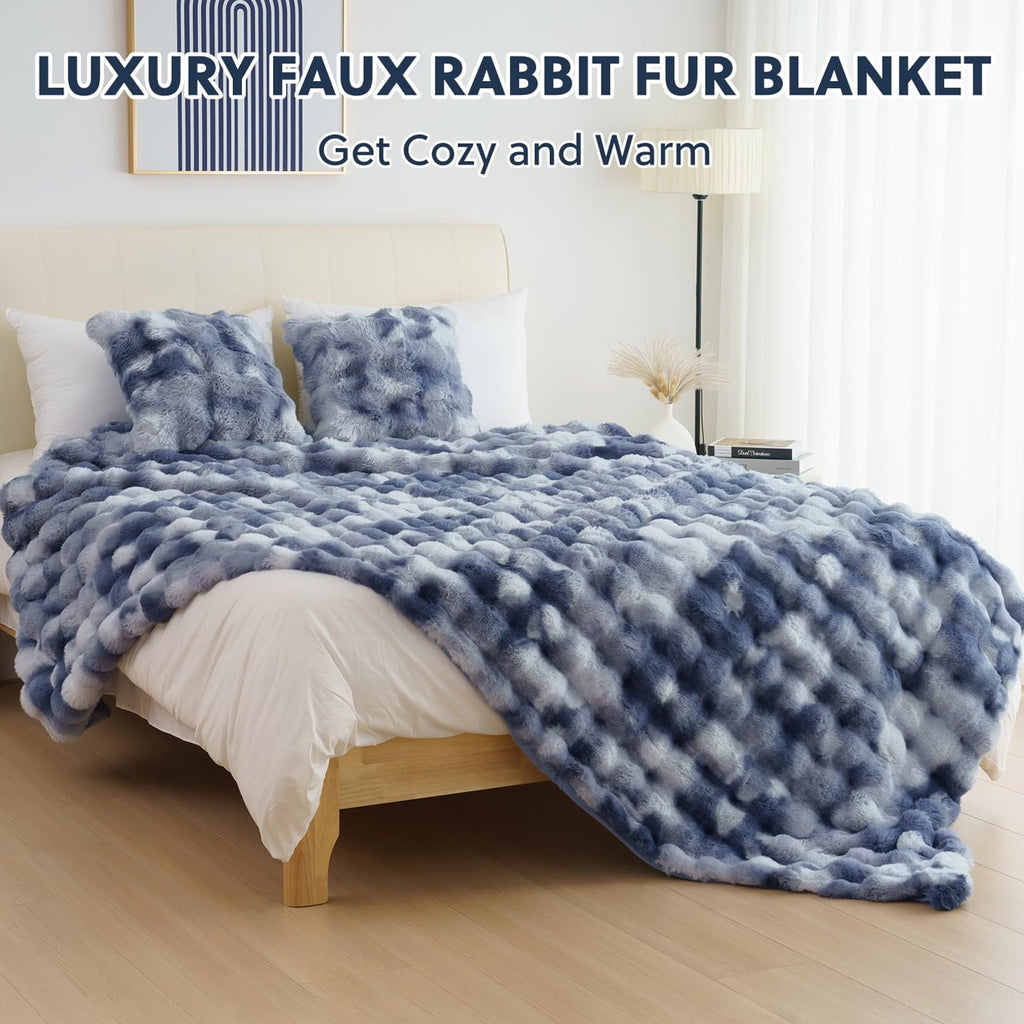 Lightweight Warm Faux Fur Throw Blanket for Couch Luxury Fluffy Thick Bubble Blanket Warm Cozy Throw for Bedroom Living Room, 50" x 60... - Luxury Knitted Decorative Throw Blanket with Fringes Detail