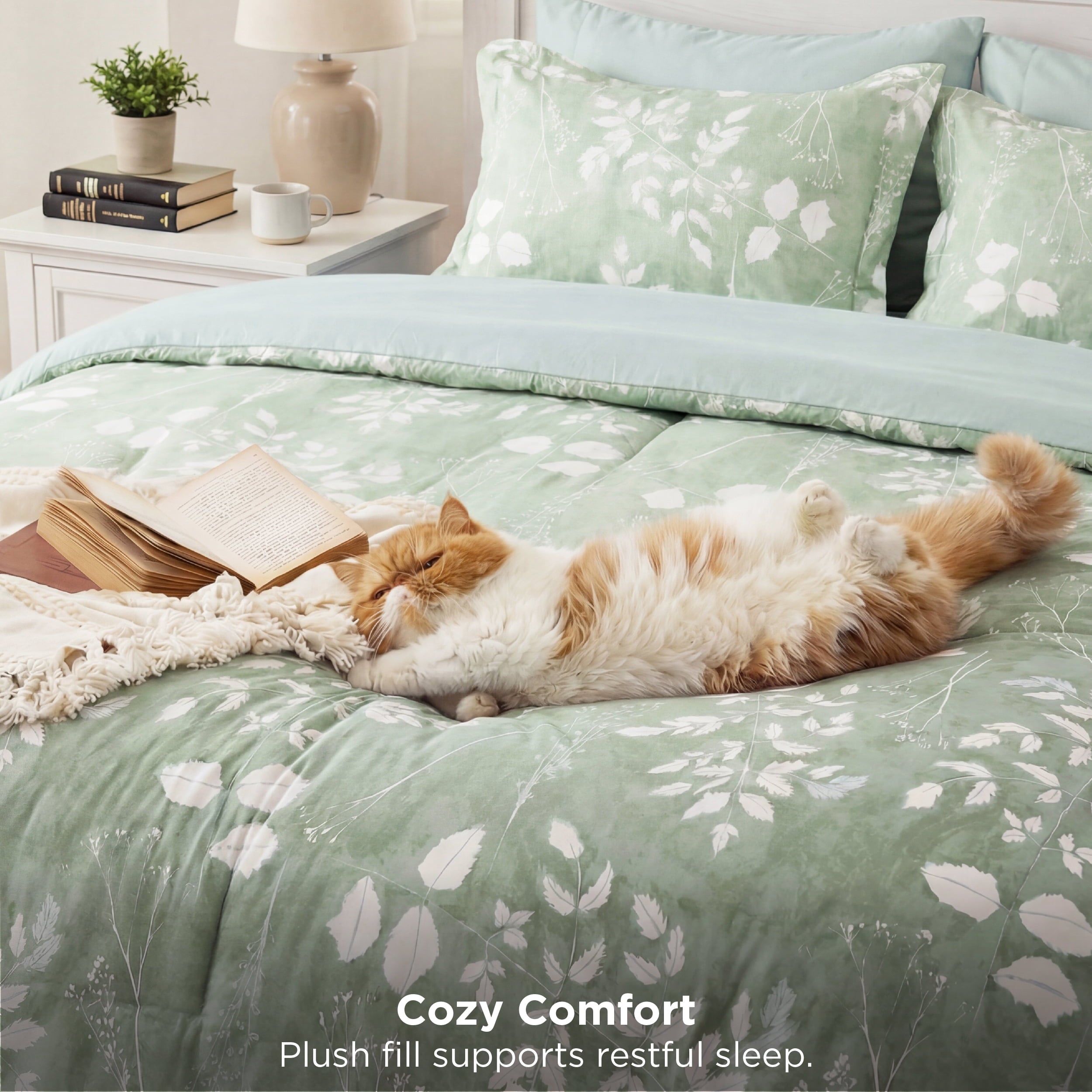 Fluffy Down Alternative Queen Comforter Set Sage Green, Bed in a Bag Queen Size Bedding, 7-Pieces Botanical Flowers Spring Comforter, Sheets,... - Hypoallergenic Ultra-Fluffy Quilt for Winter Detail
