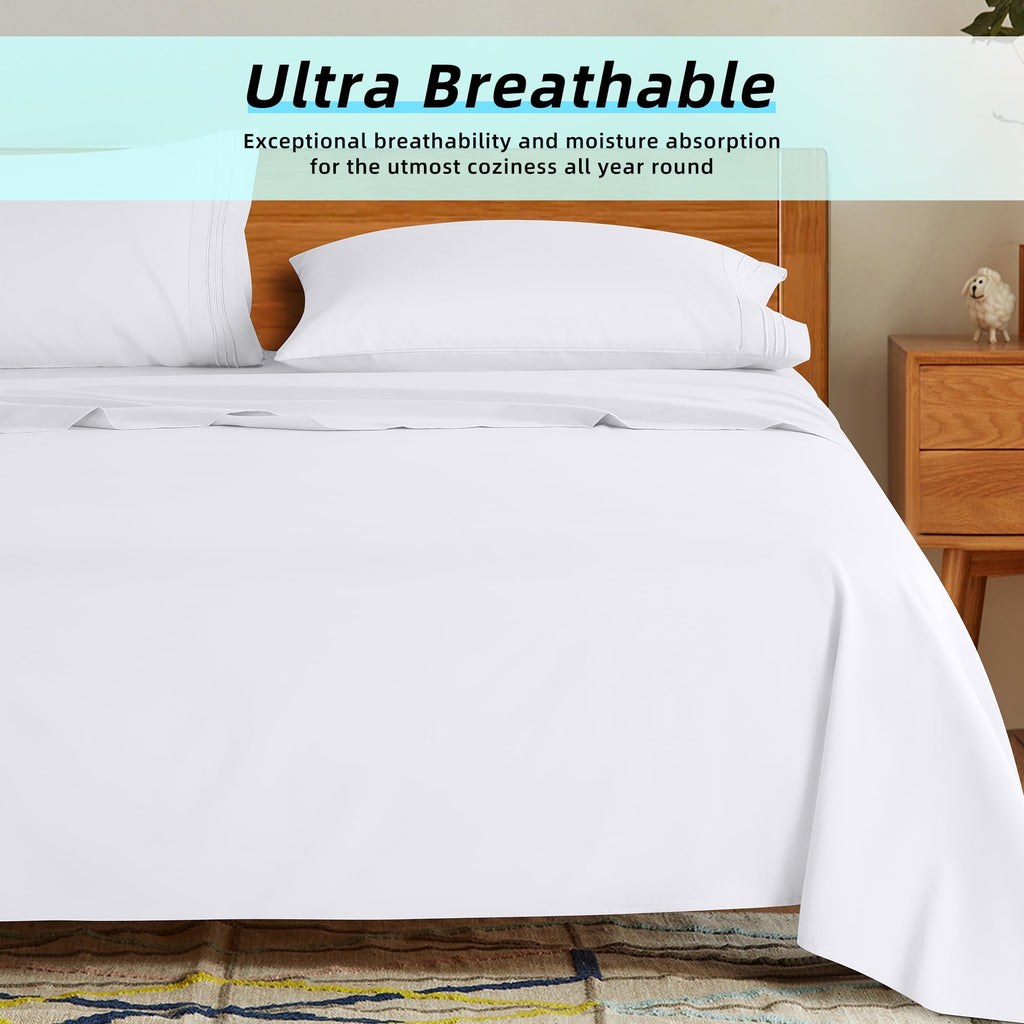 Ultra-Soft Bed Sheets Set, Microfiber Deep Pocket 4 Pieces Luxury Soft Sheet Set, Queen, White - Cooling Hotel Quality Bedding Sheets and Pillowcases Detail