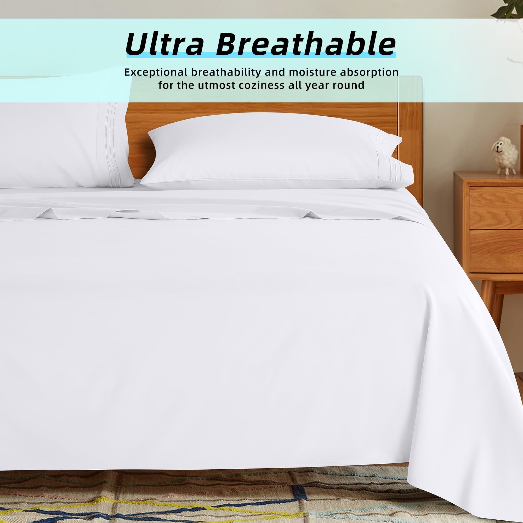 Ultra-Soft Bed Sheets Set, Microfiber Deep Pocket 4 Pieces Luxury Soft Sheet Set, Queen, White - Cooling Hotel Quality Bedding Sheets and Pillowcases Detail