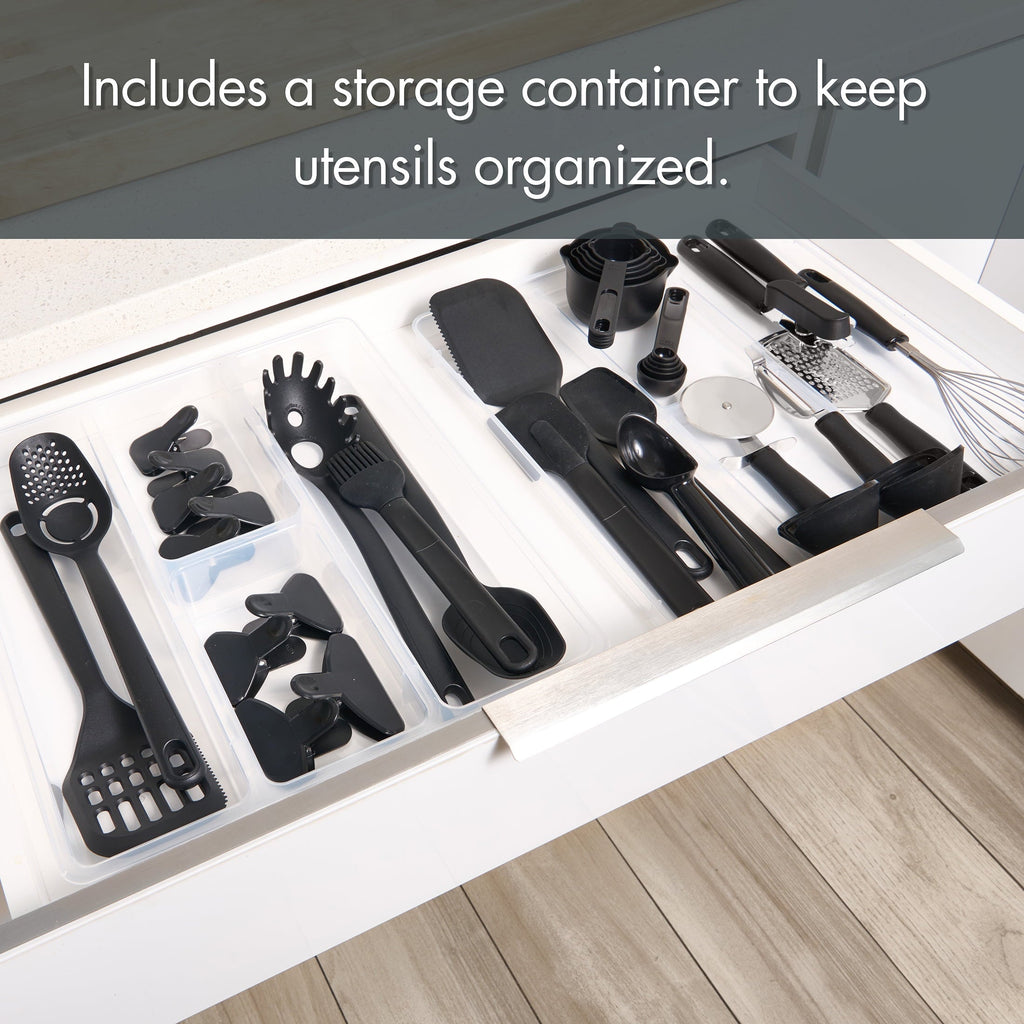 Seamless One-Piece 36 Piece Kitchen Gadget Set with Kitchen Cooking Utensils, and Drawer Organizer, Black - Ergonomic Kitchen Tongs and Cooking Spoon Utensil Detail