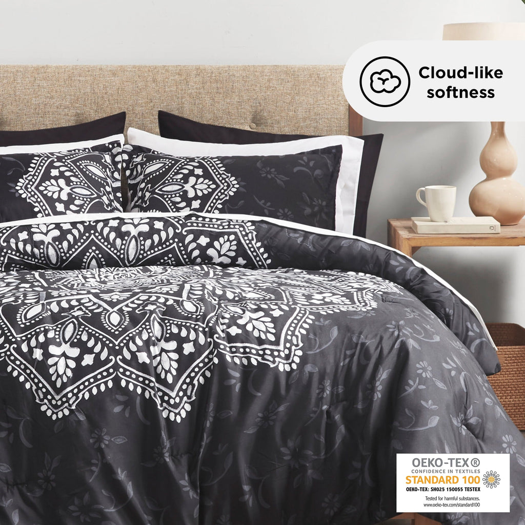 All-Season Queen Comforter Set, Bedding Comforter Set Queen Size W/ Side Pockets, Black, 9 Pieces - Hypoallergenic Ultra-Fluffy Quilt for Winter Detail